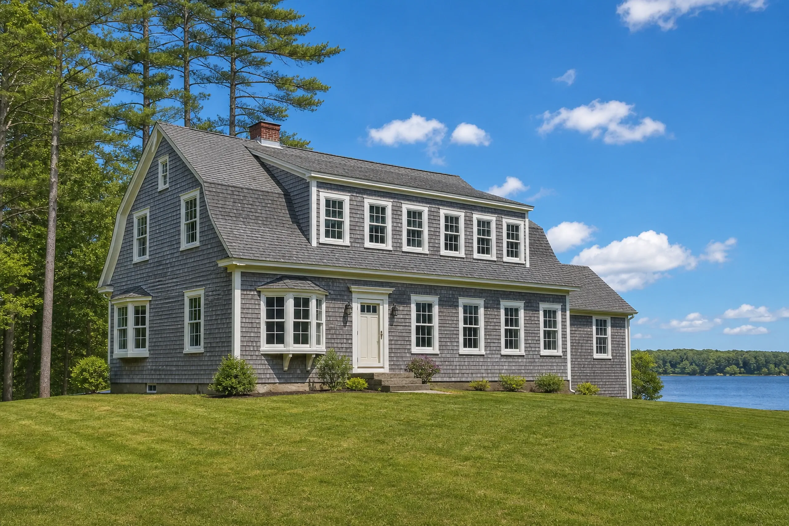 Window replacement in Nobleboro: gray cedar-shingle gambrel house with white trim, a long dormer of six windows, a pale door, a bay window, and a lawn sloping to a lake