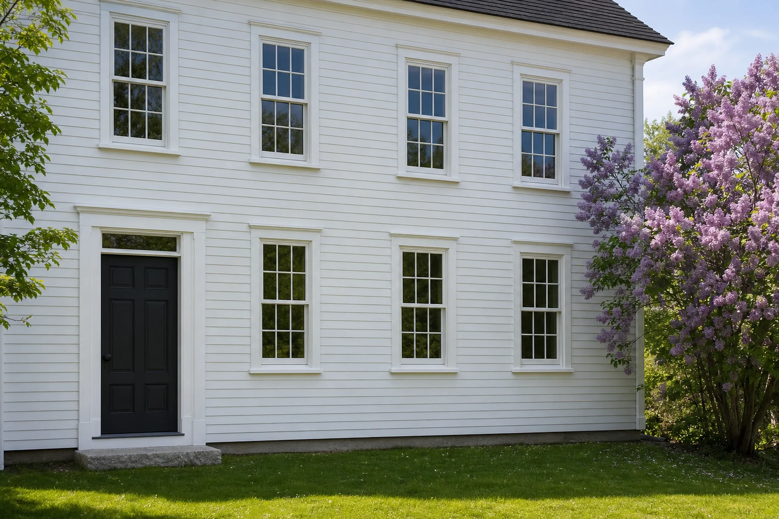 Window replacement in Nobleboro: two rows of tall double-hung windows on white clapboard, a black paneled door under a transom, a granite step, and a blooming lilac