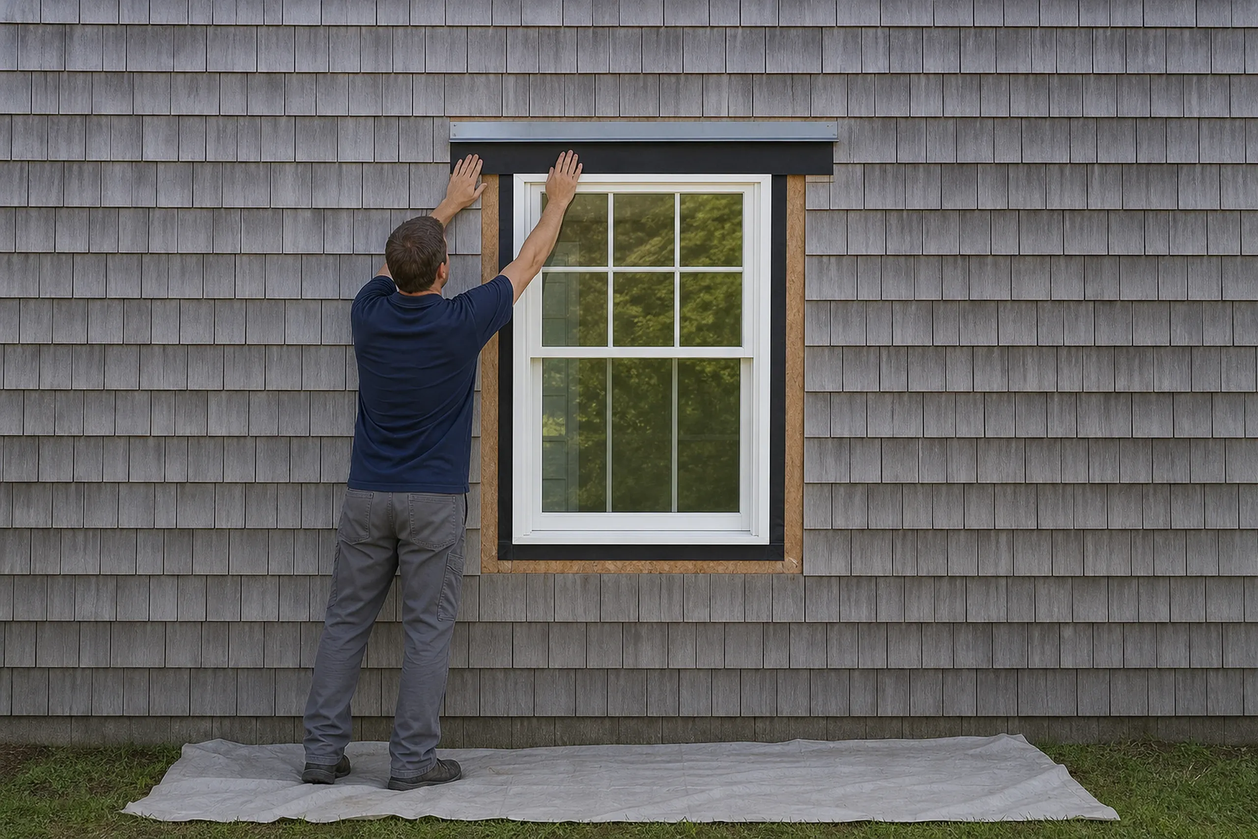 Window replacement in Nobleboro: man in a navy shirt, seen from behind, reaching up to a new white window framed in black tape under a metal strip, plastic sheeting below