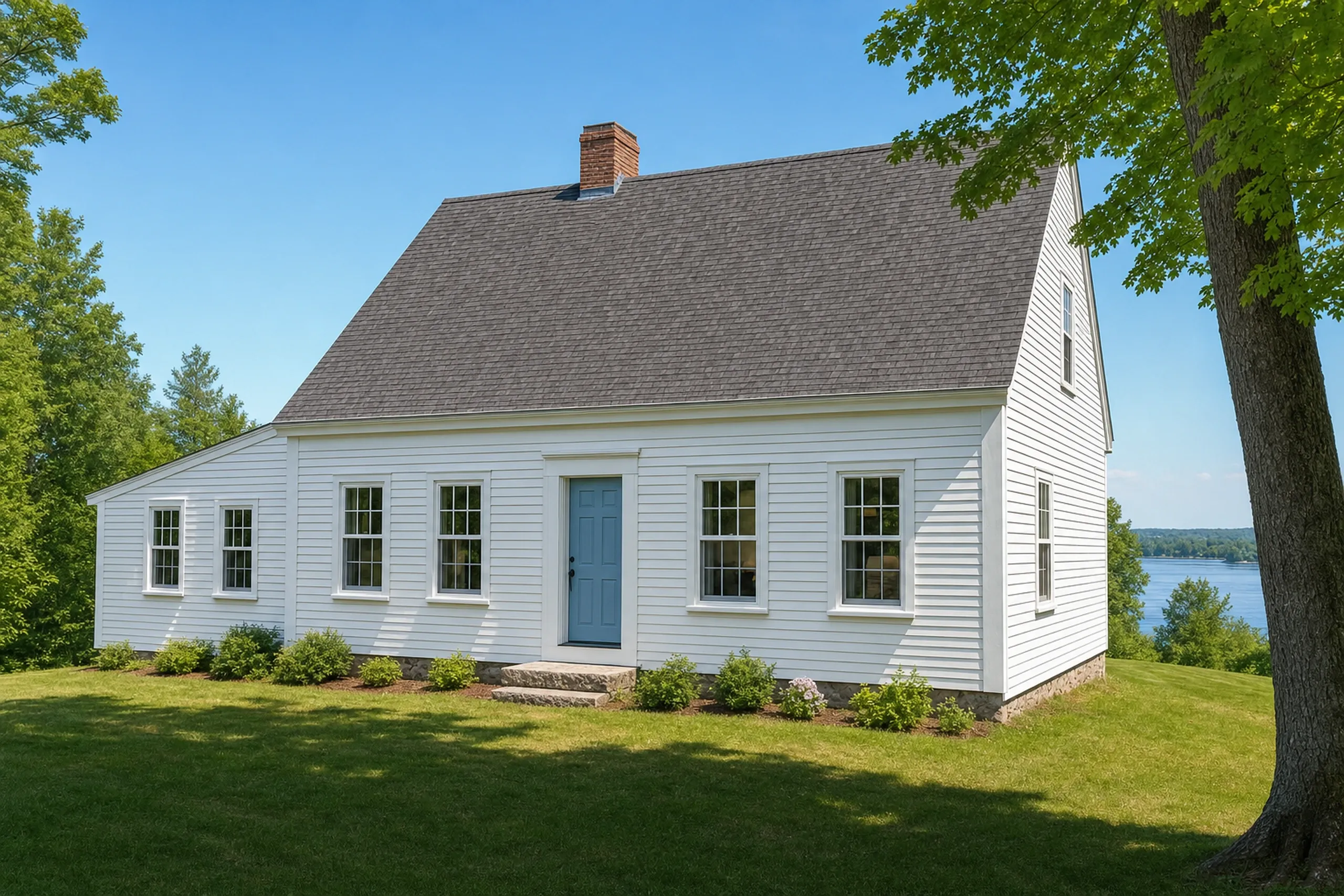 Window replacement in Nobleboro, ME: white clapboard cape with a gray roof, brick chimney, pale blue door, and grid-pane windows, on a lawn above a lake beside a maple