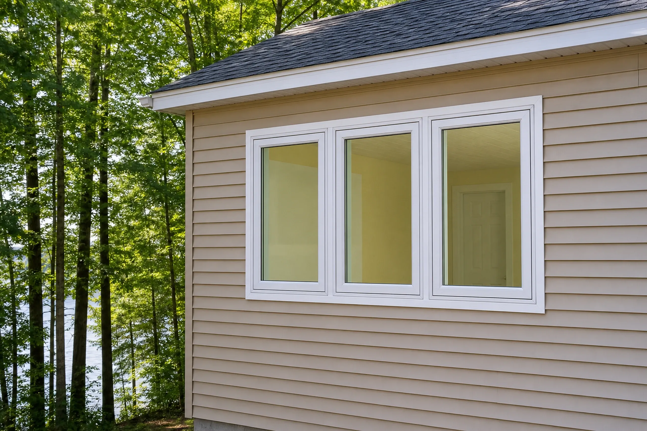 Window replacement in Nobleboro: three white windows side by side on tan lap siding, a yellow room and paneled door visible inside, with tall trees and water beyond