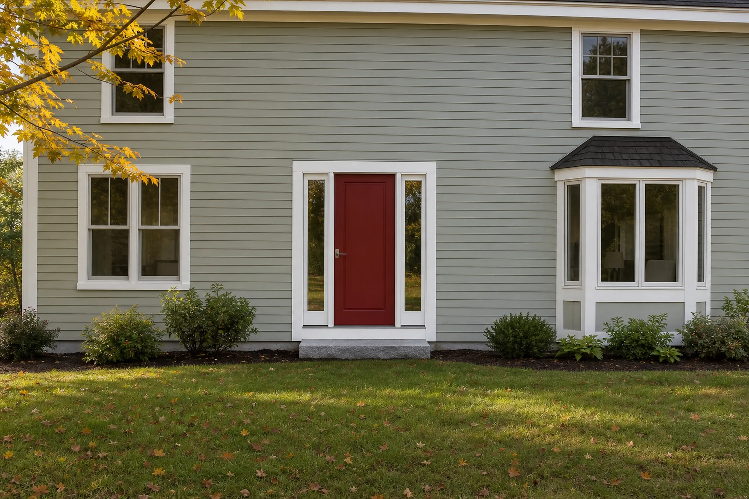 Window replacement in Nobleboro: red paneled door with two tall sidelights on sage clapboard, a granite step, a bay window, and yellow maple leaves in autumn
