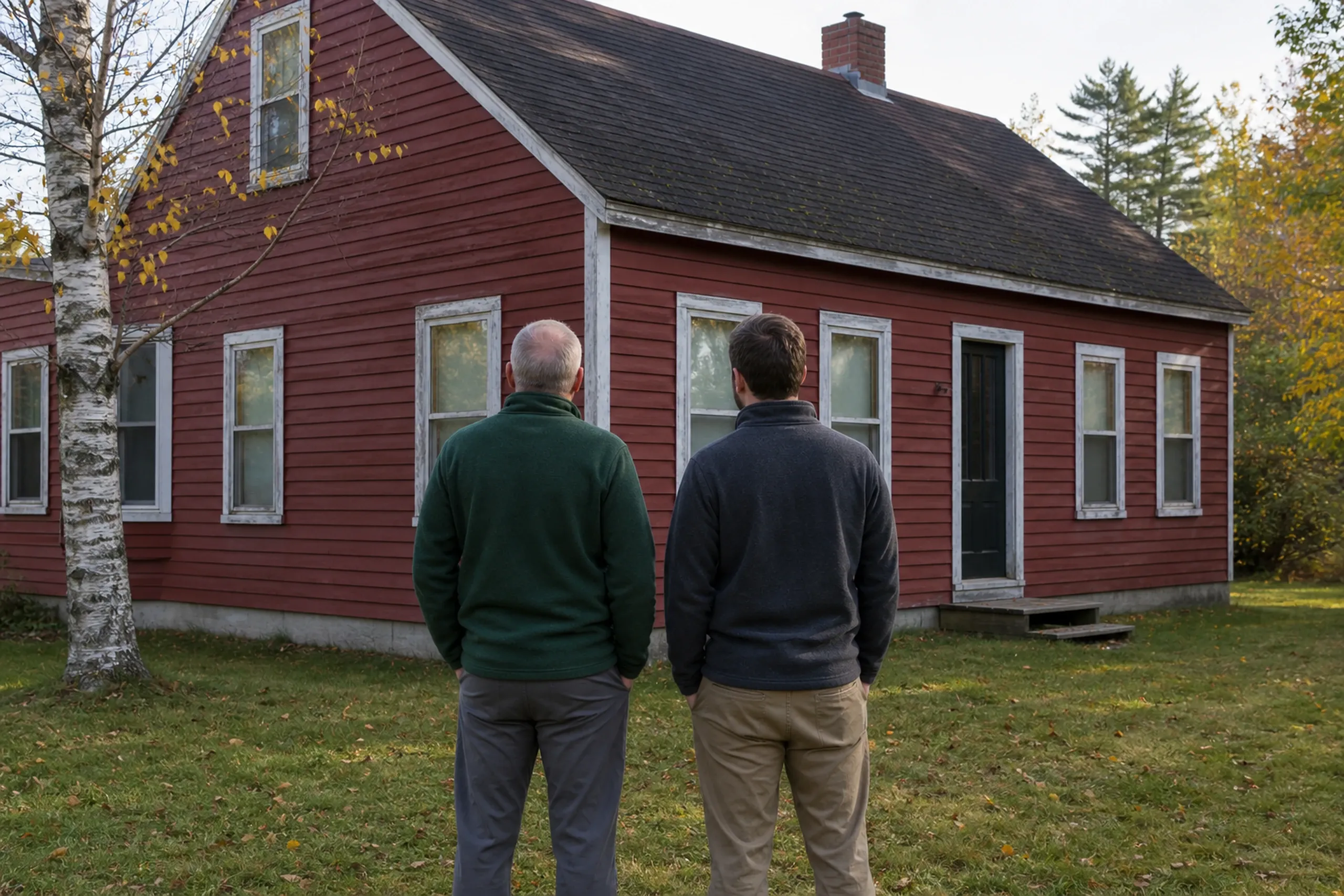 Window replacement in Nobleboro: two people seen from behind in green and dark gray pullovers, facing a red clapboard cape with worn white trim, a dark door, and a birch