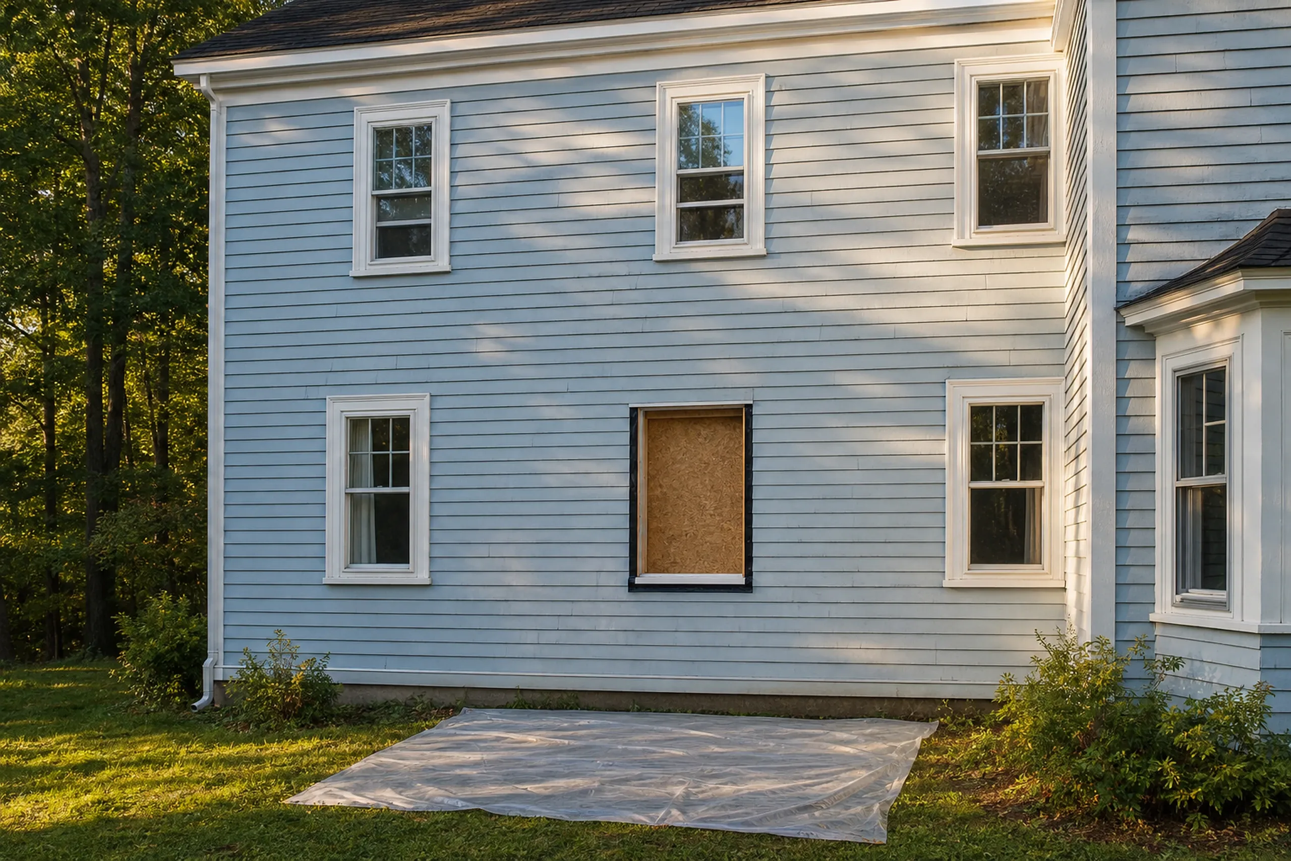 Window replacement in Nobleboro in progress: blue clapboard wall with one window opening boarded in plywood and edged in black tape, plus plastic sheeting on the grass below
