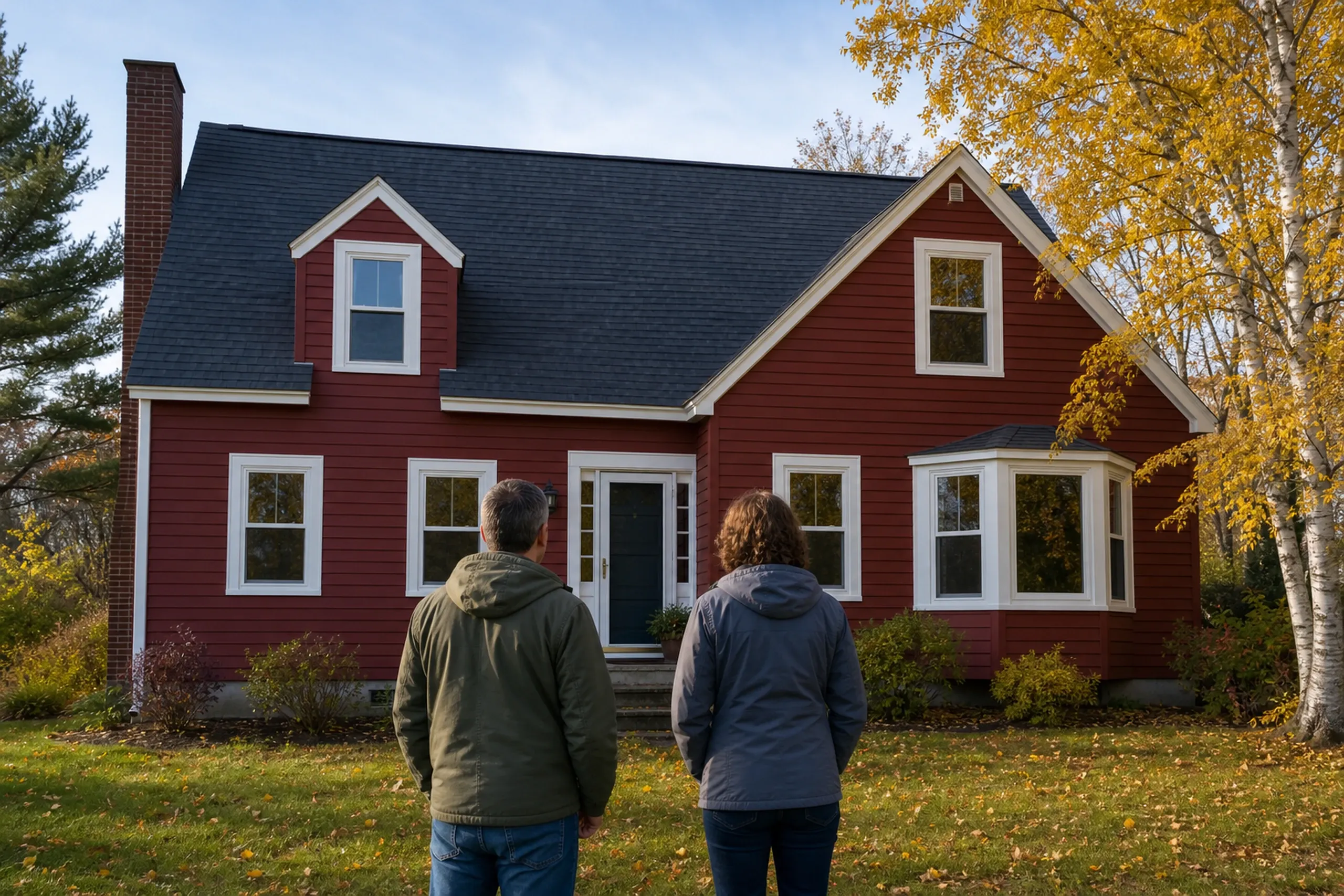 Window replacement in Nobleboro: red clapboard house with a front dormer and a bay window, viewed by two people in olive and gray-blue jackets beside a yellow birch
