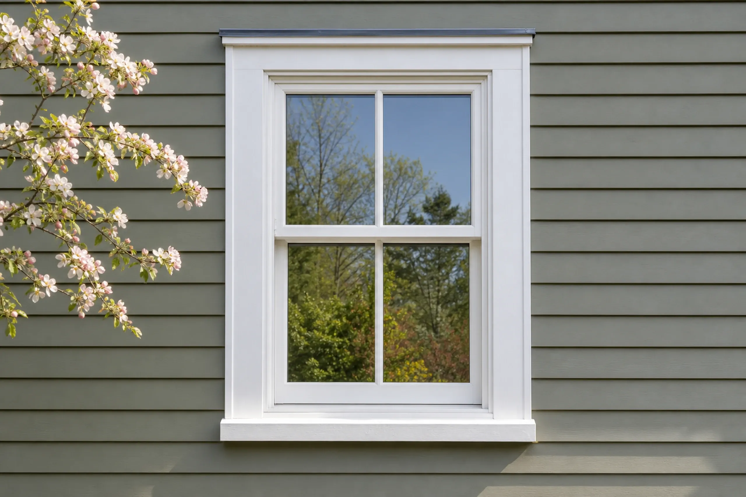 Window replacement in Nobleboro: white two-over-two window with wide flat trim and a thin metal cap above, pink blossoms at left, on sage green clapboard siding