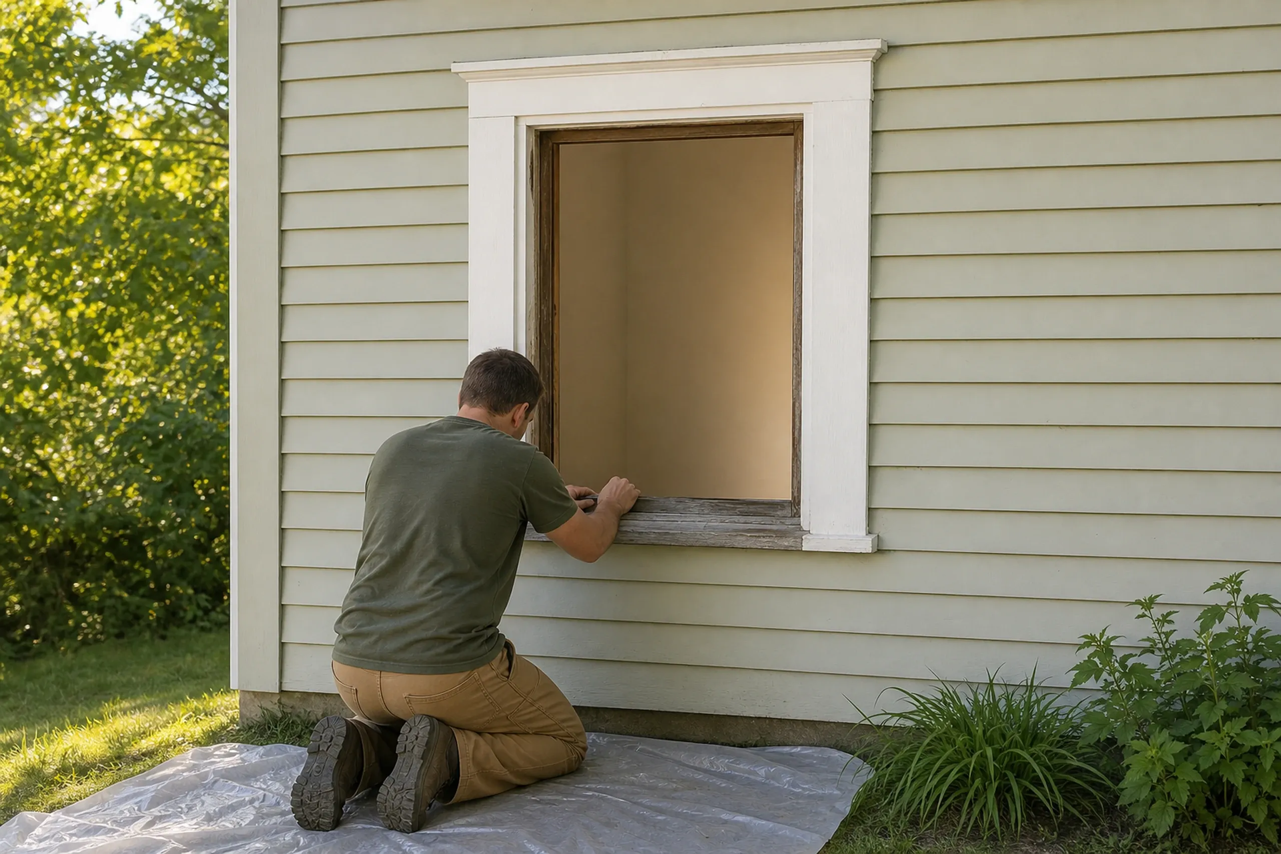 Window replacement in Northport: man in an olive shirt and tan pants kneeling on plastic sheeting at the weathered wood sill of an empty window opening in pale clapboard