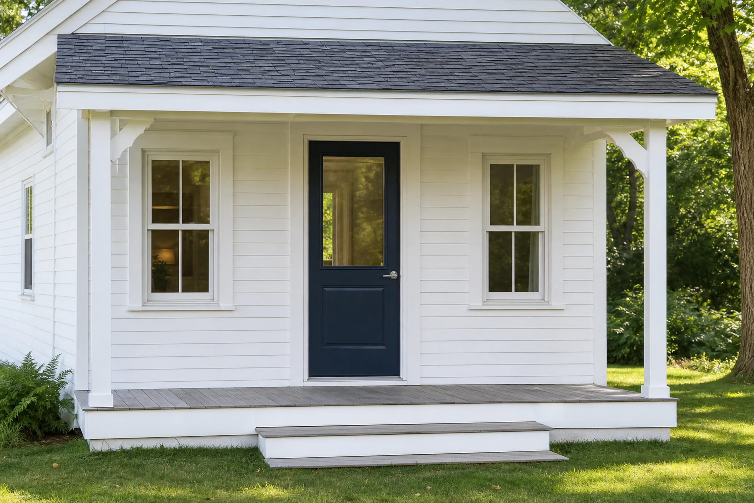 Window replacement in Northport: small white clapboard cottage with a covered porch, a navy half-glass door, two two-over-two windows, gray decking, and two steps