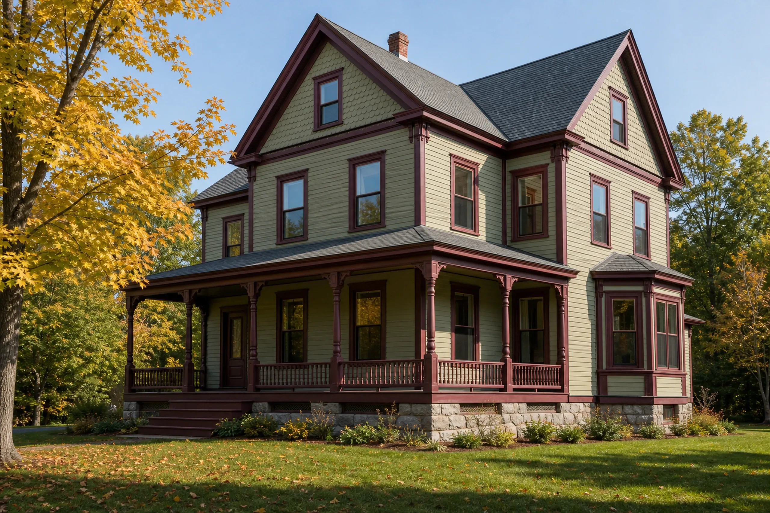 Window replacement in Northport: two-story house with sage clapboard, maroon trim, a wraparound porch, a bay window, a fieldstone base, and yellow maple leaves in autumn