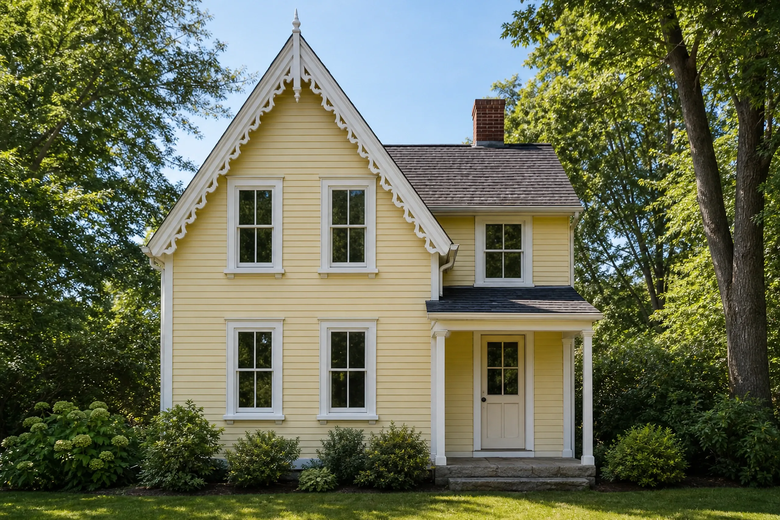 Window replacement in Northport: pale yellow clapboard cottage with white gingerbread trim on the steep gable, four double-hung windows, a small porch, and tall trees