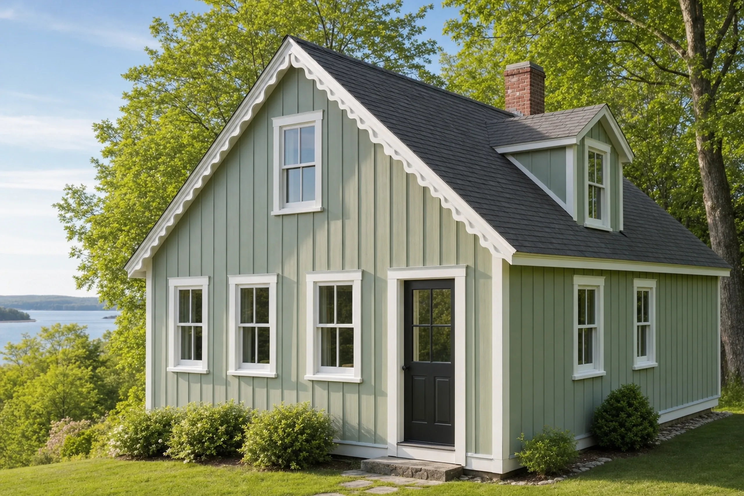 Window replacement in Northport, ME: small sage green board-and-batten cottage with scalloped white gable trim, a dormer, a black half-glass door, and water beyond the trees