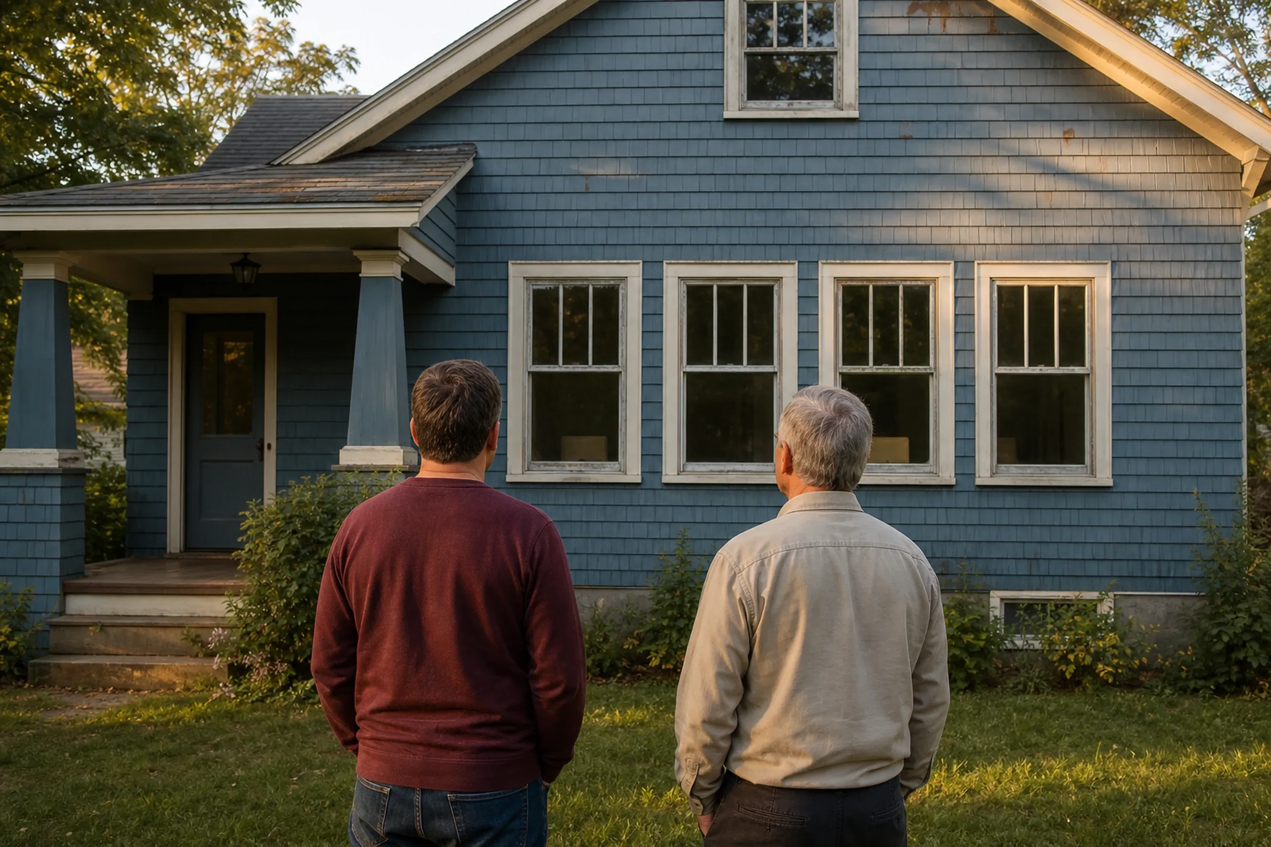 Window replacement in Northport: two people seen from behind, in a maroon sweater and a beige shirt, facing a blue shingled house with a porch and four weathered windows