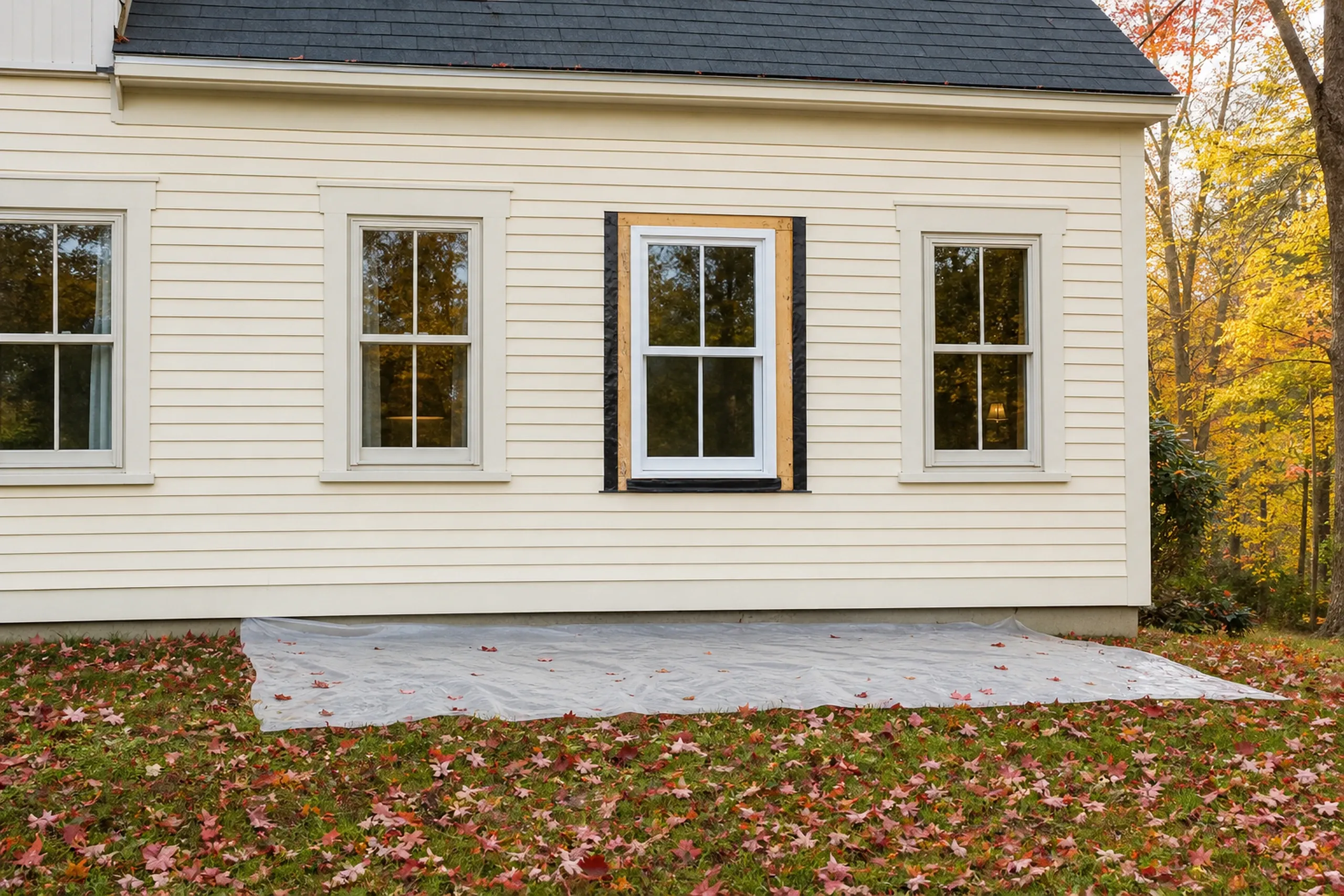 Window replacement in Northport in progress: cream clapboard wall with one new white window in an opening wrapped in black tape and raw wood, with plastic sheeting on red leaves