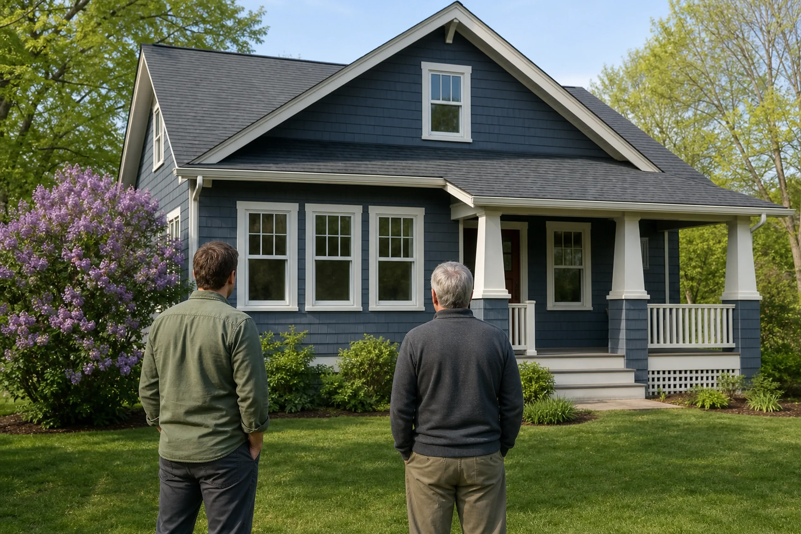 Window replacement in Northport: two people seen from behind, in a green shirt and a gray sweater, facing a navy craftsman house with a porch, grid windows, and a lilac
