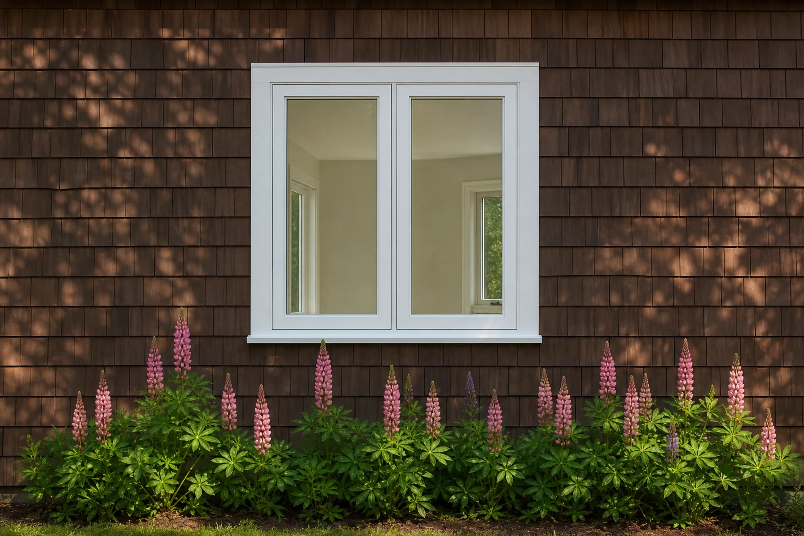 Window replacement in Northport: pair of white side-by-side windows on brown cedar shingles, with pink lupines blooming below and dappled shade across the wall