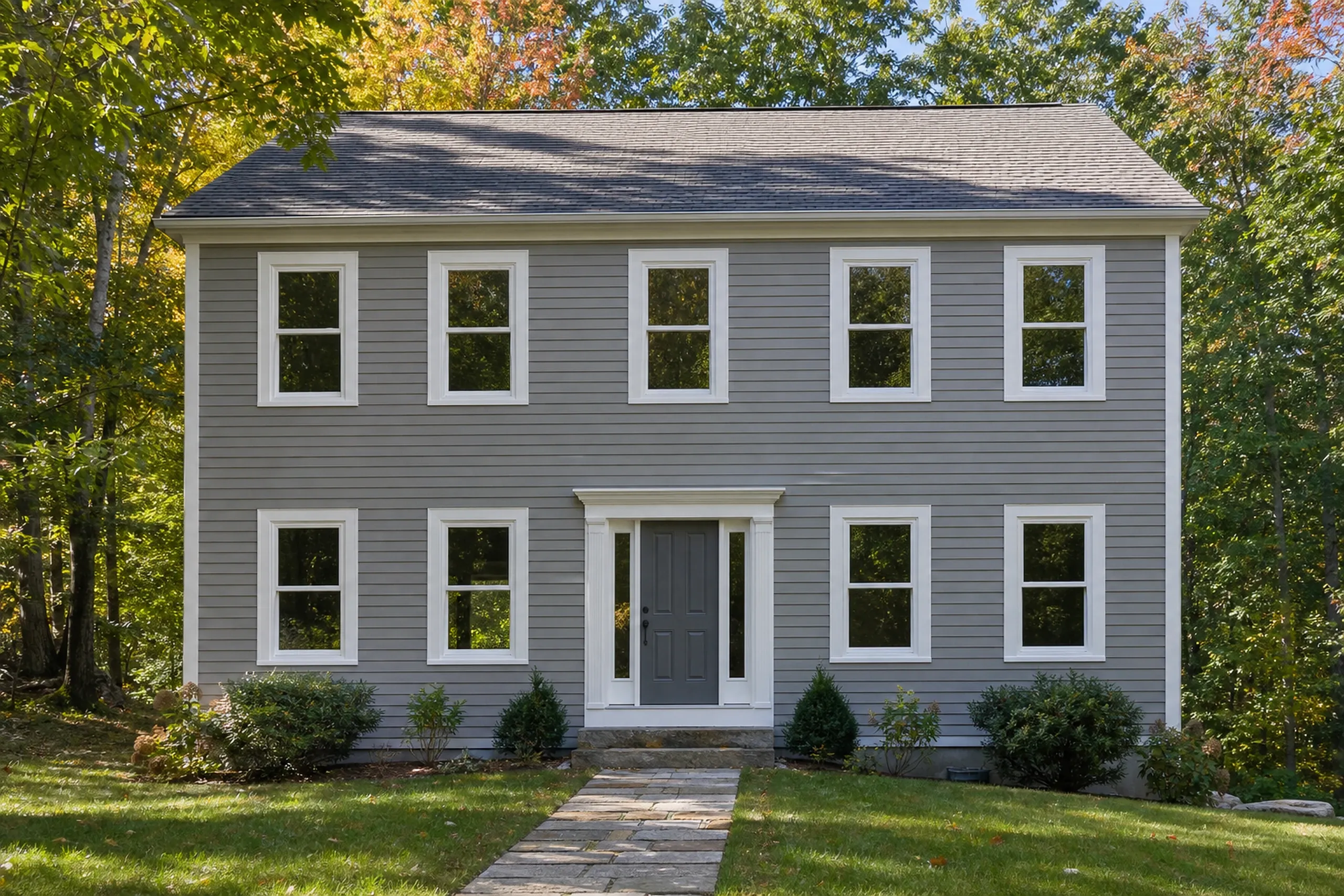 Window replacement in Northport: gray clapboard colonial with white-trimmed one-over-one windows in two rows, a gray door with sidelights, and a flagstone path