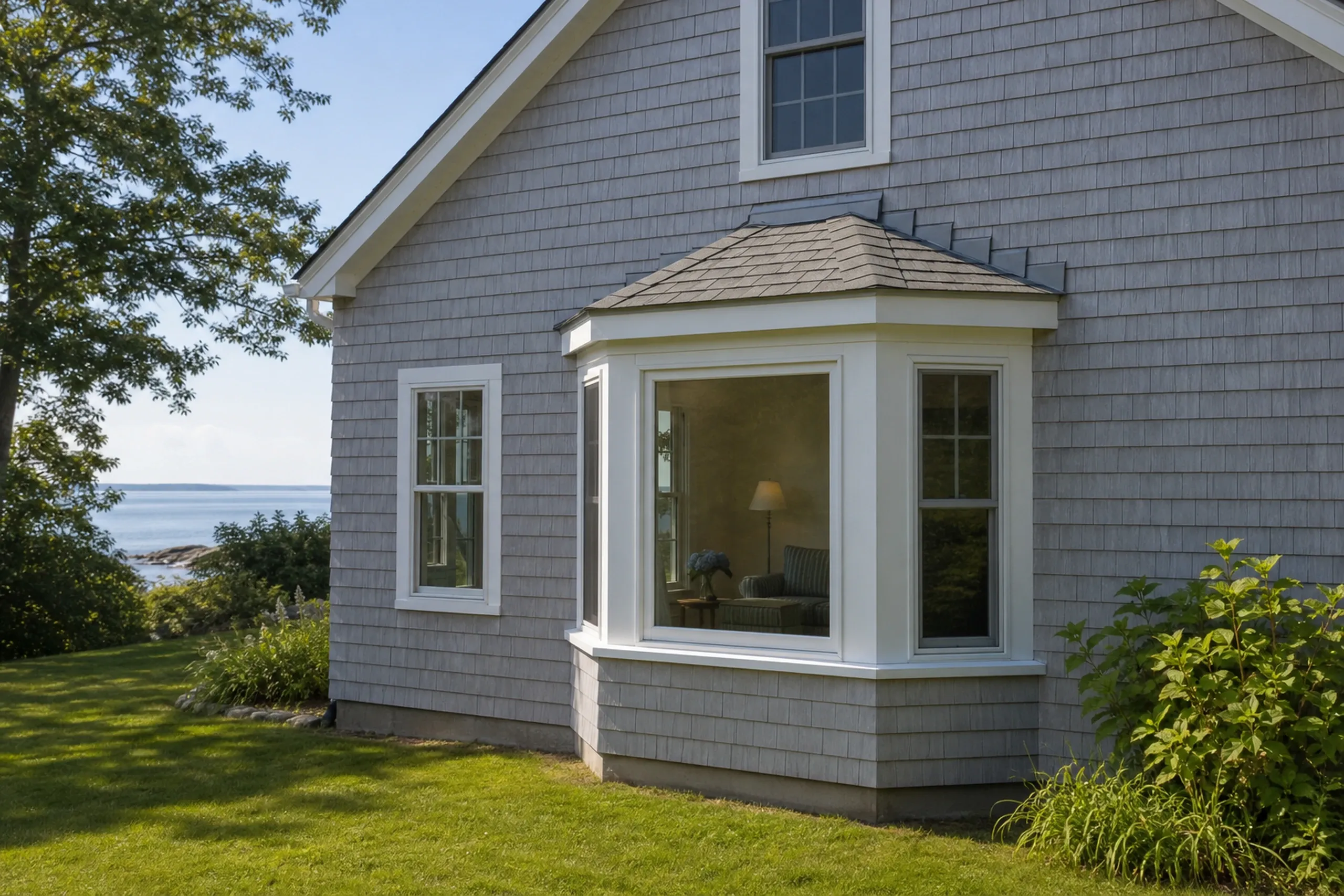 Window replacement in Owls Head: gray cedar-shingle gable wall with a white three-sided bay window under a small hip roof, a sitting room inside, and the sea beyond