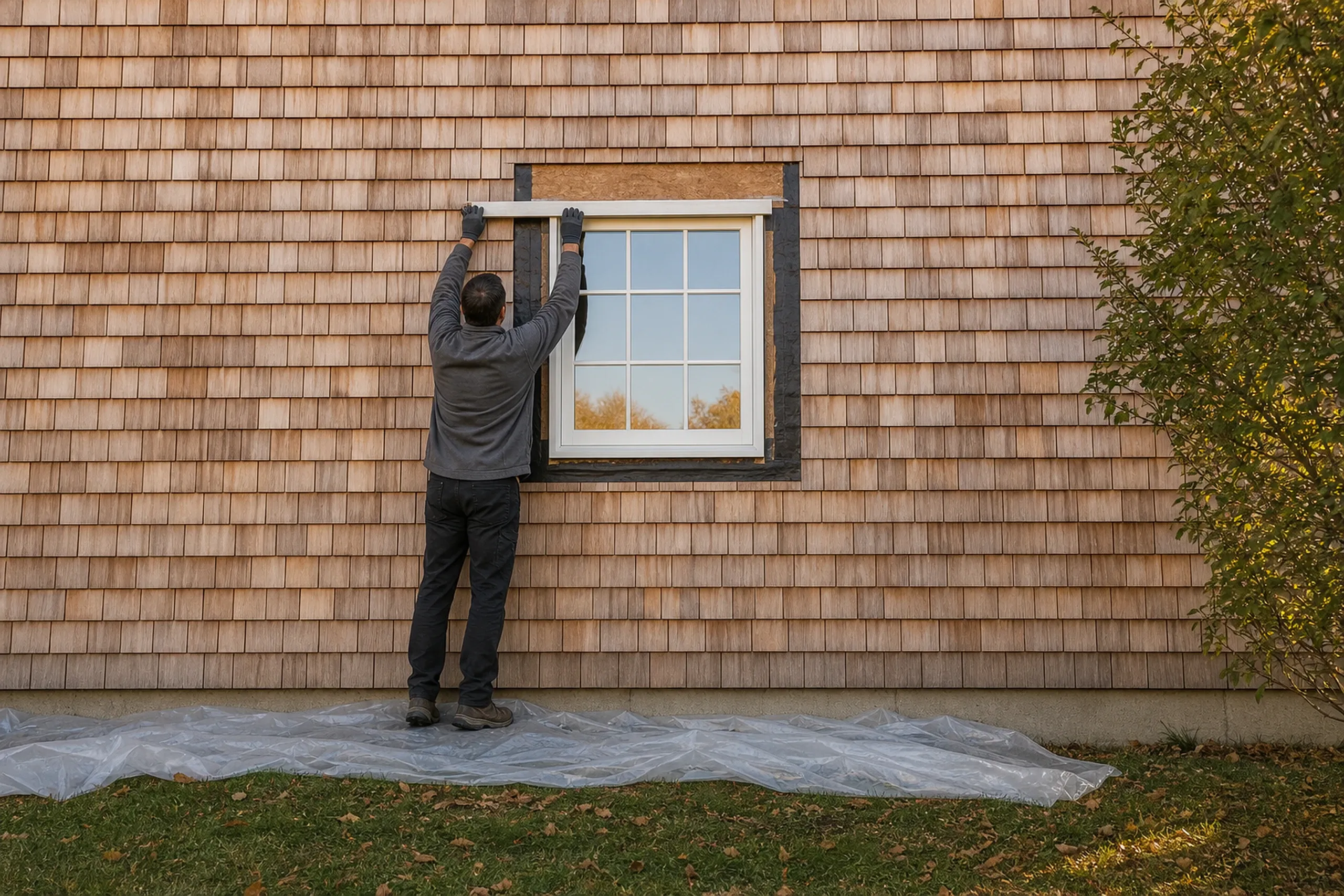 Window replacement in Owls Head: man in a gray jacket and gloves, seen from behind, holding a white trim board above a new gridded window edged in black tape