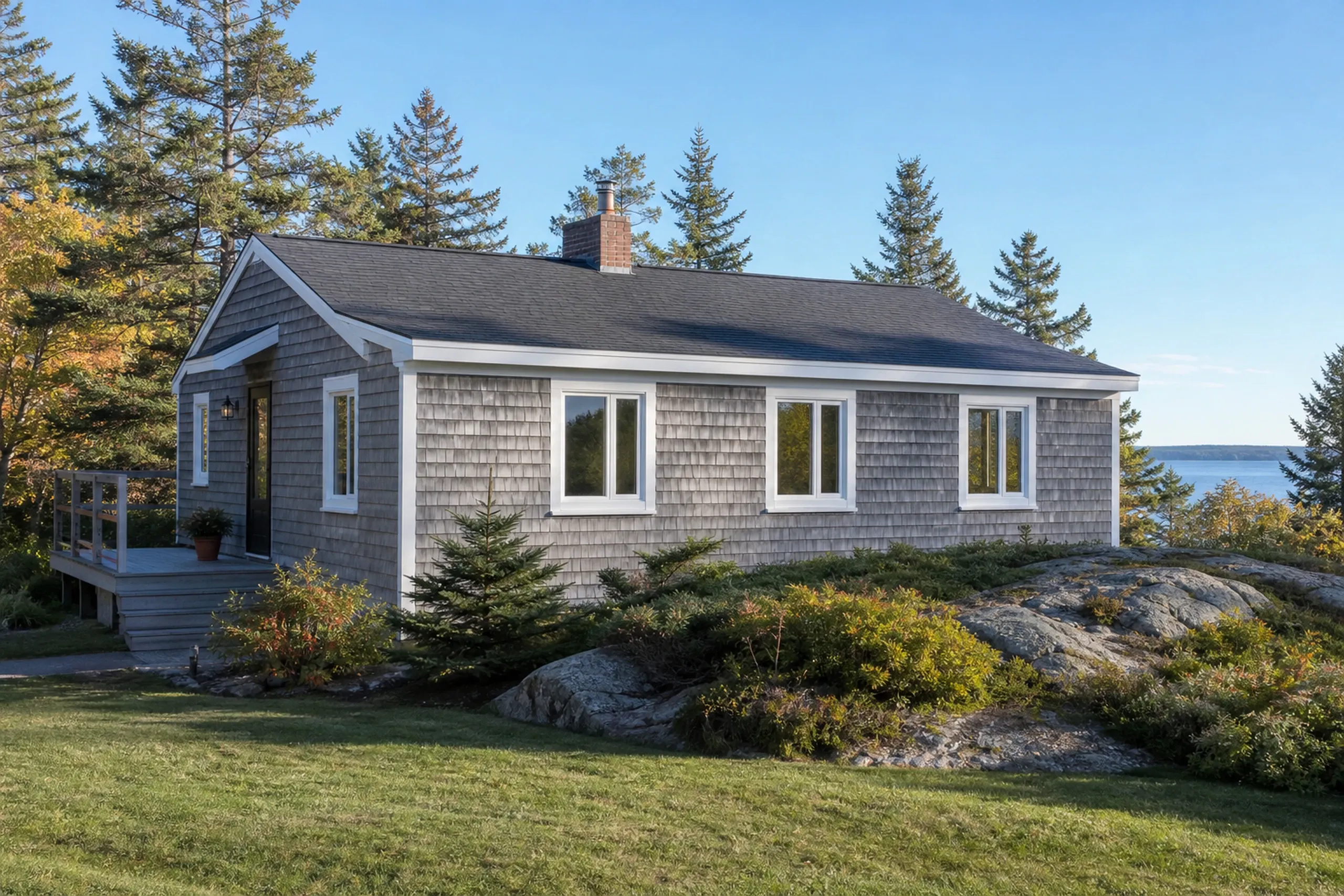 Window replacement in Owls Head: low gray shingled cottage with white trim, three front windows, a dark door, a small deck, granite ledge, and pines by the water