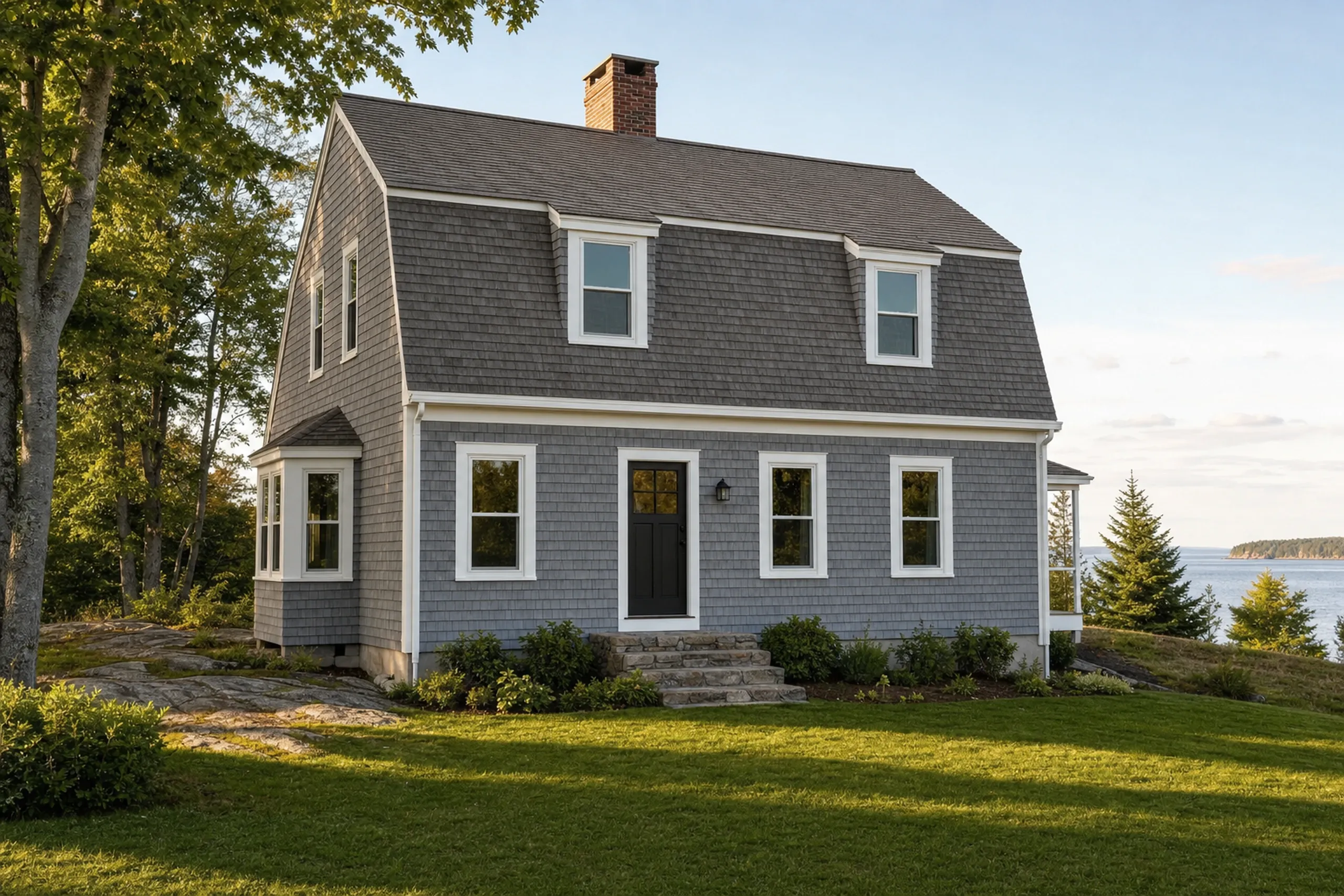 Window replacement in Owls Head, ME: gambrel-roofed house with blue-gray shingles, two dormers, a brick chimney, a dark door with small panes, a bay window, and the sea beyond