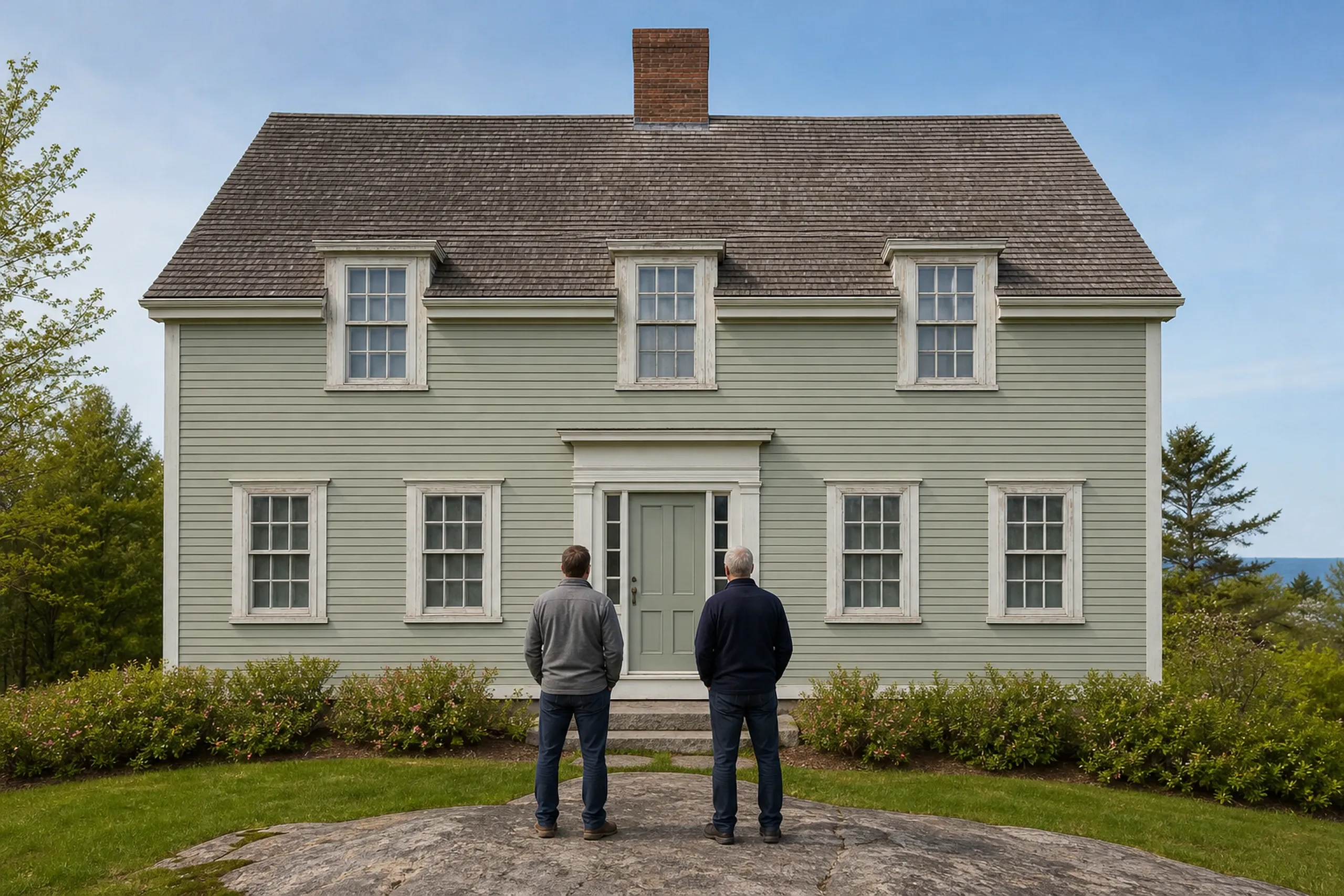 Window replacement in Owls Head first visit: two people seen from behind on a granite slab, facing a sage green clapboard colonial with three dormers and many-paned windows