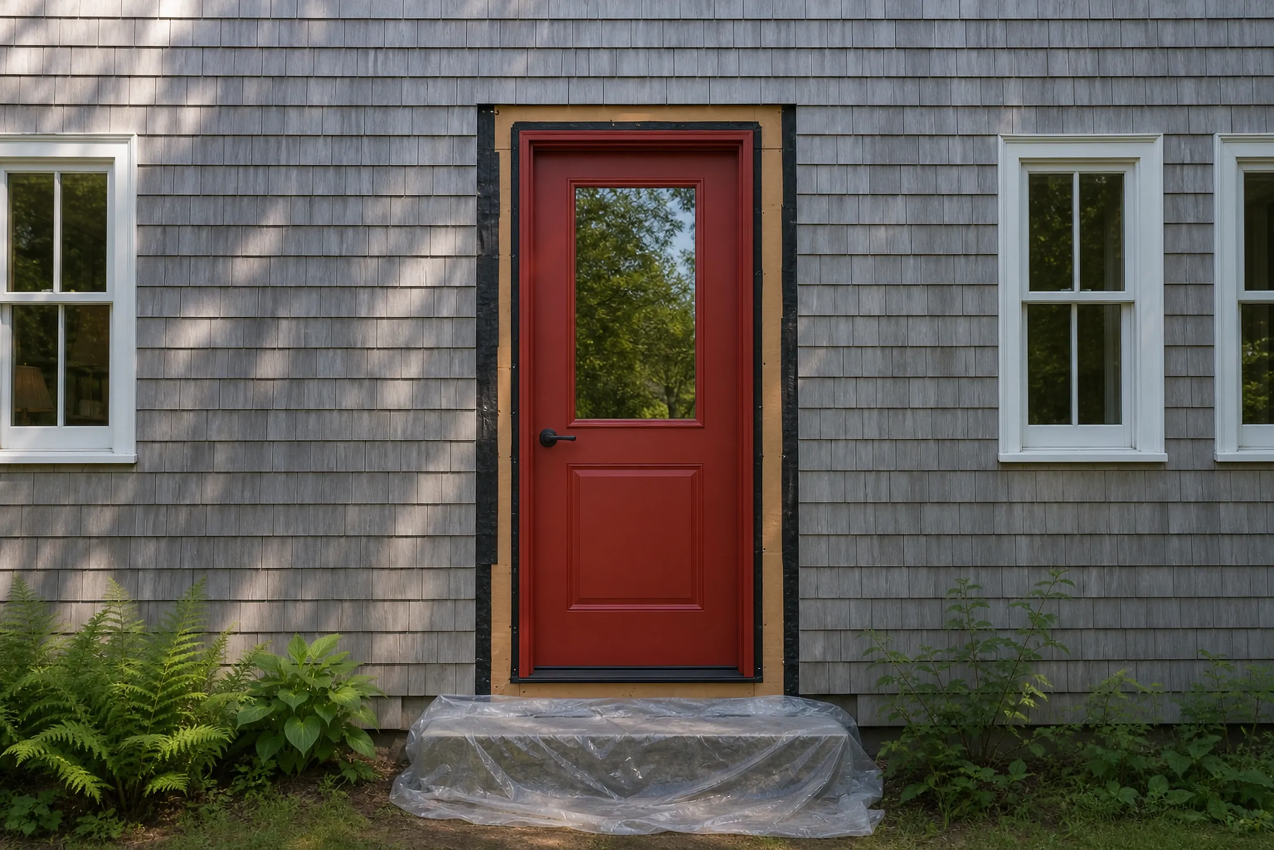 Window replacement in Owls Head in progress: red paneled door with a half-glass window in an opening wrapped in black tape on gray shingles, plastic sheeting over the granite step