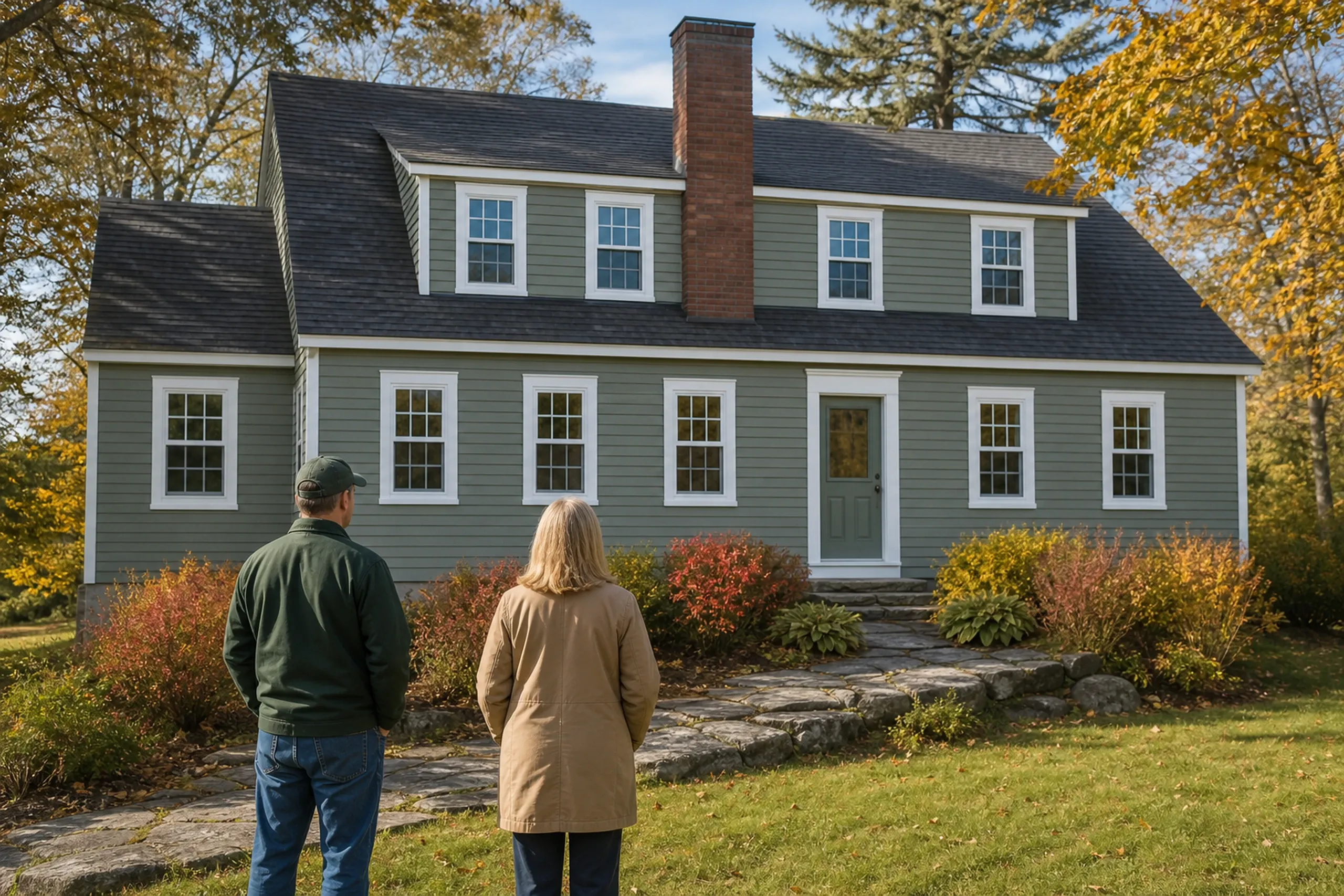 Window replacement in Owls Head: two people seen from behind, in a green cap and jacket and a tan coat, facing a sage green house with dormer windows and autumn shrubs