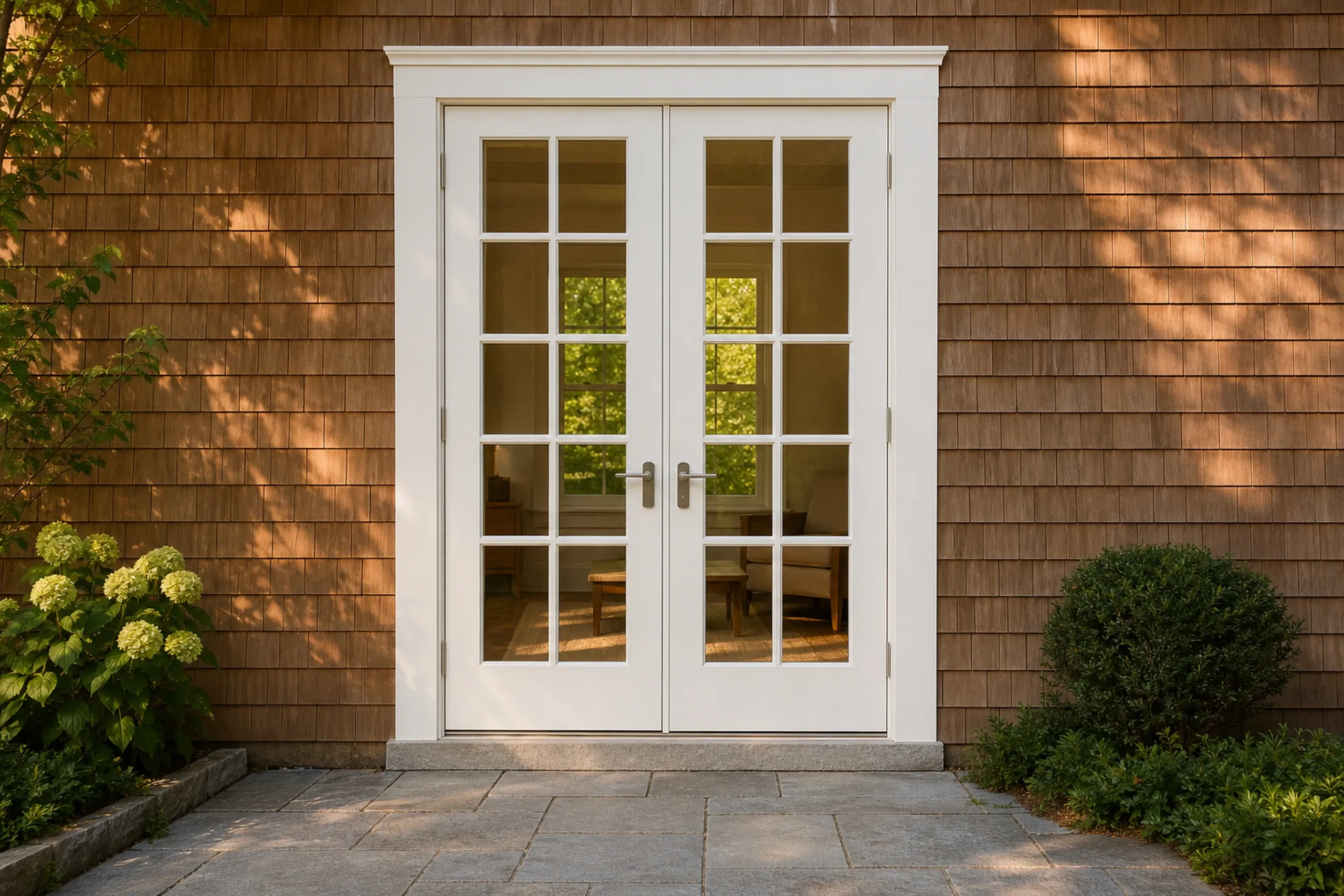 Window replacement in Owls Head: double French doors with divided glass in a white frame on a cedar shingle wall, with a granite sill, stone patio and a hydrangea