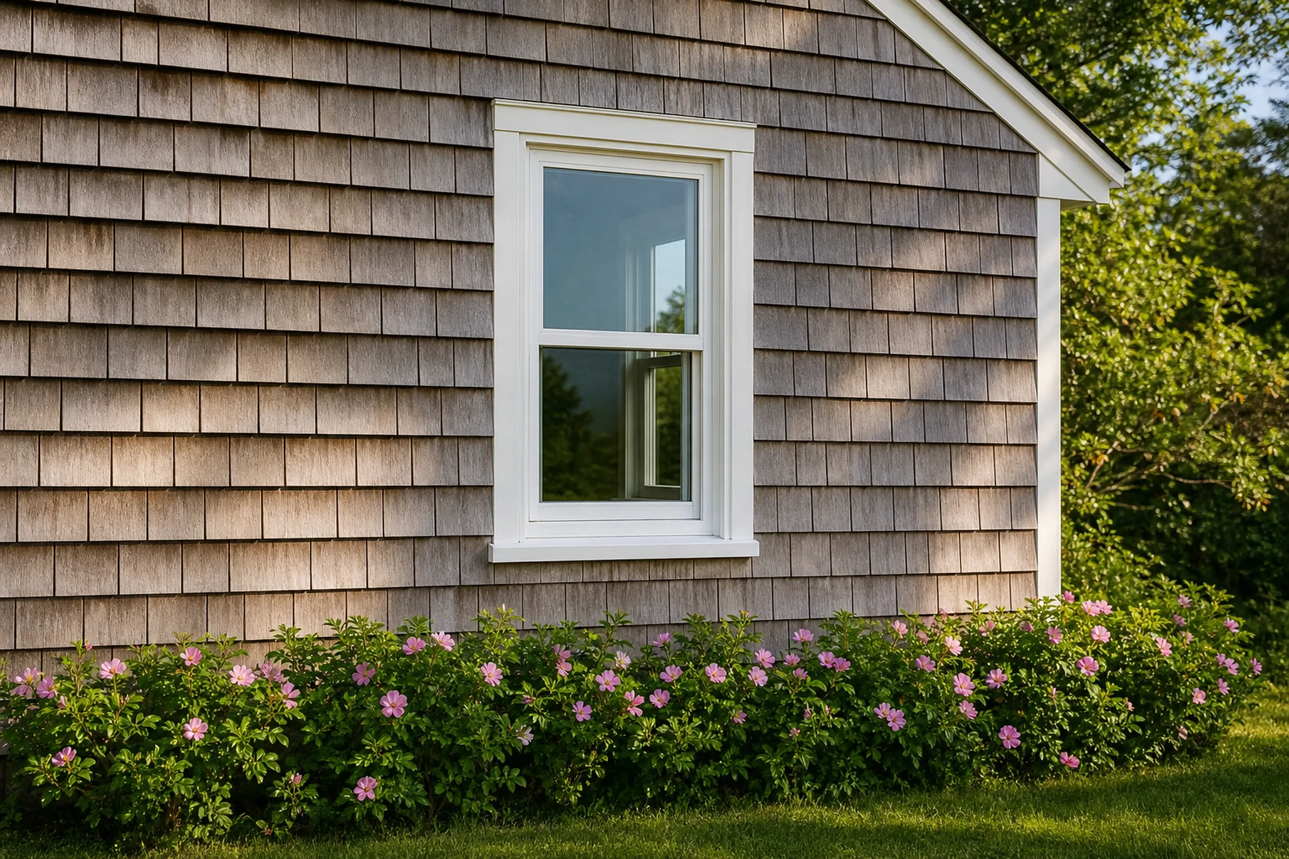 Window replacement in Owls Head: one-over-one white double-hung window in a gray shingle wall, with pink-flowered shrubs along the grass below and green trees at right
