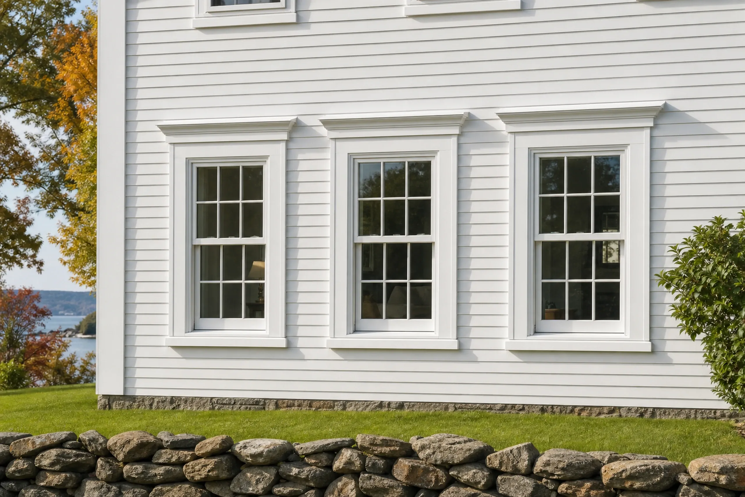 Window replacement in Owls Head: three divided-pane double-hung windows with white drip caps on white clapboards above a fieldstone wall, with autumn leaves and water