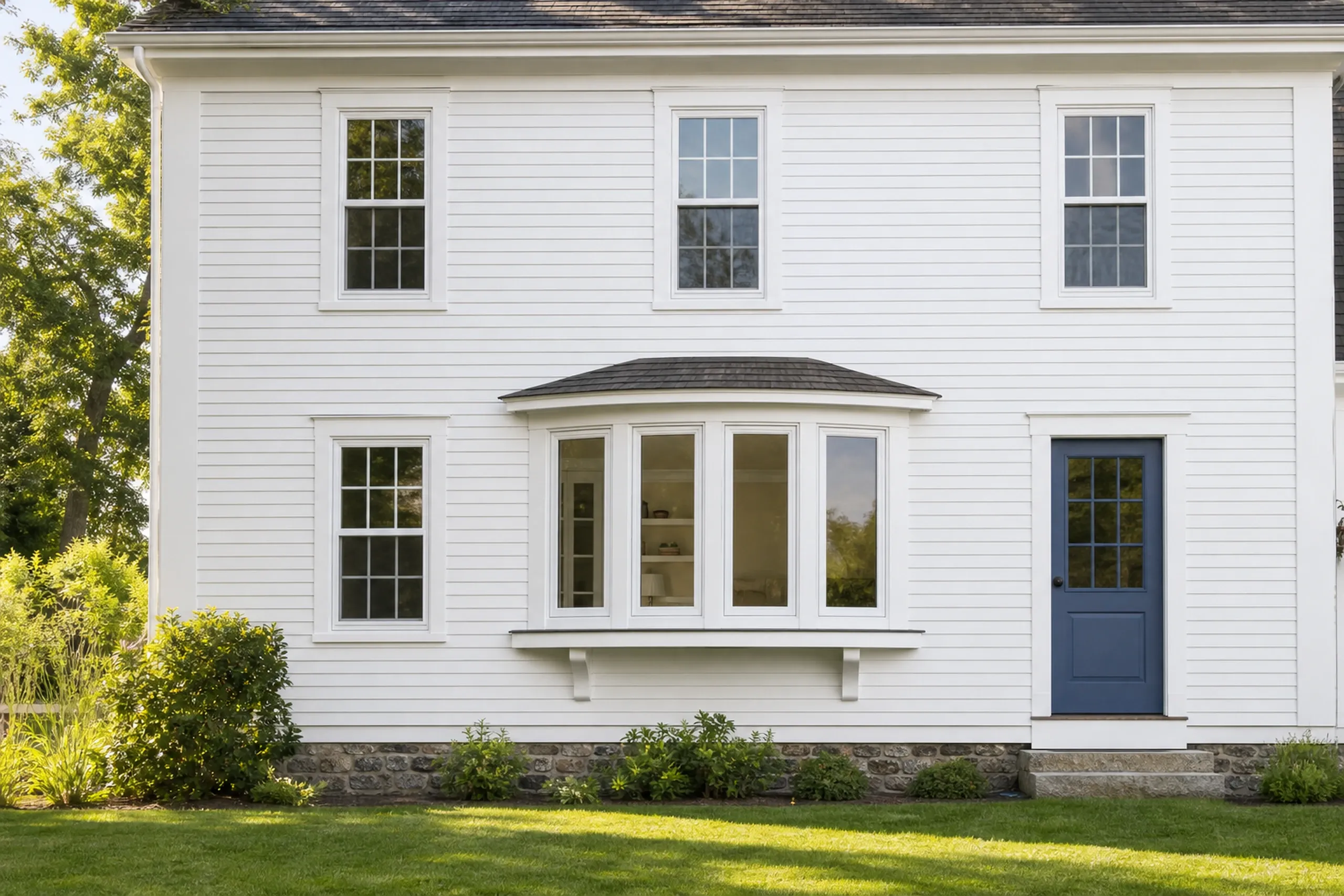 Window replacement in Rockport: bow window with a curved shingled roof on two white brackets in a white clapboard wall, beside a blue half-glass door, over a lawn