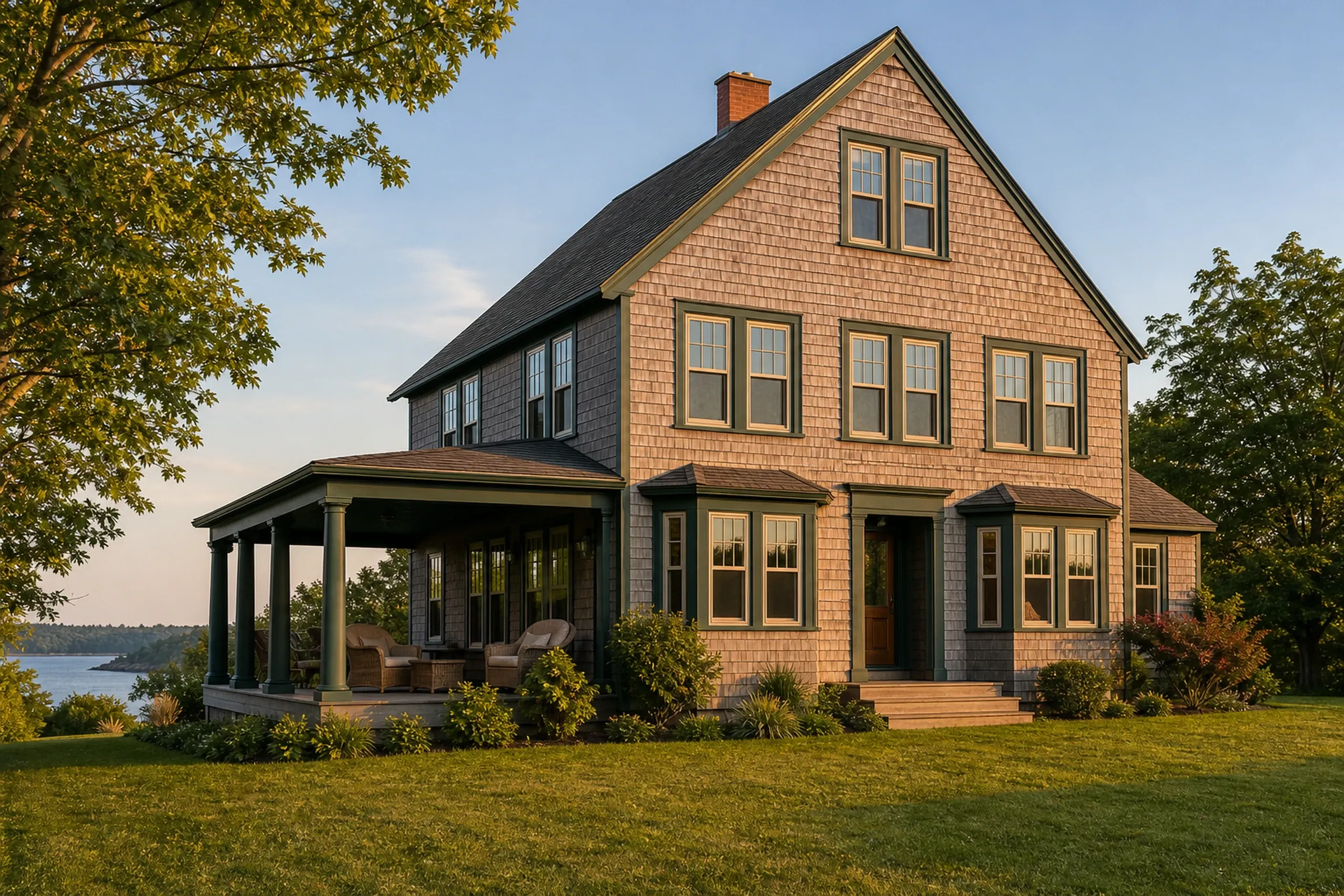 Window replacement in Rockport: shingled two-story house with dark green trim, a covered porch with wicker chairs, two bay windows and a brick chimney, beside water