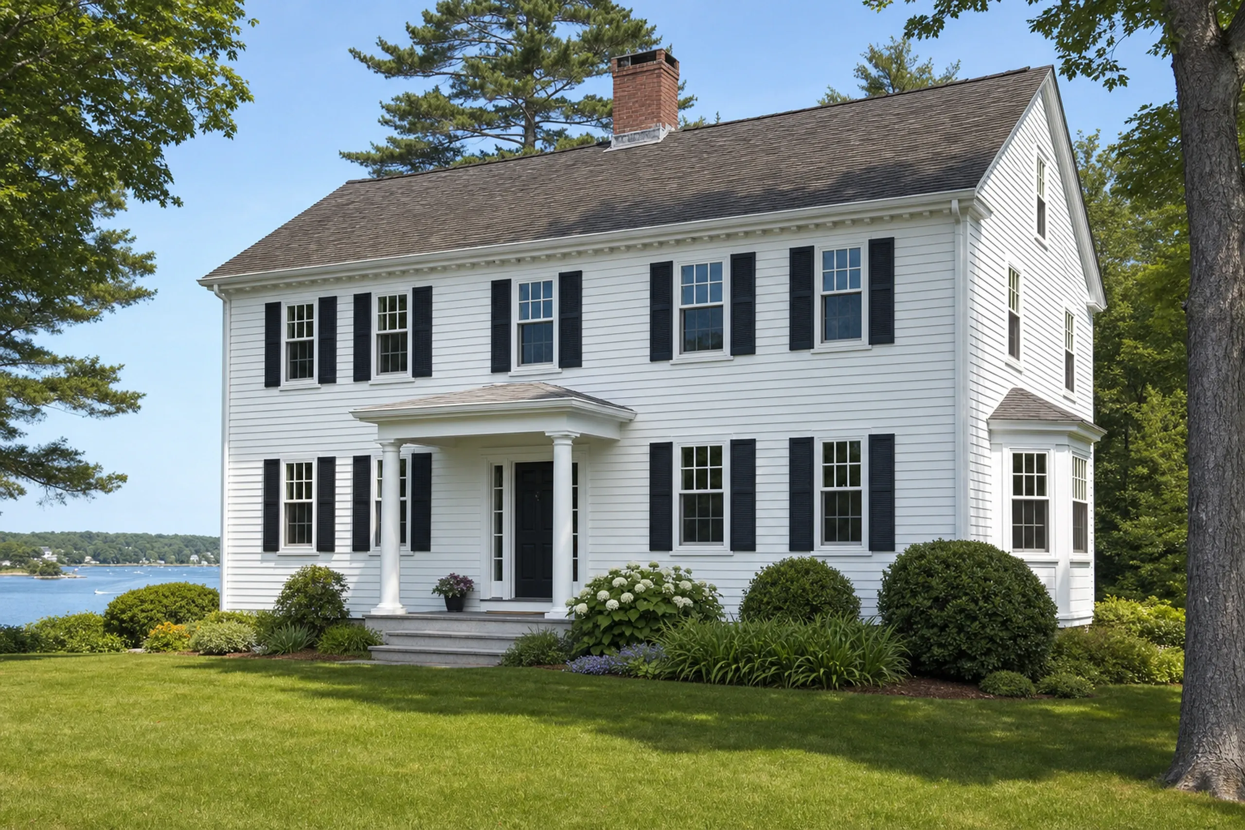 Window replacement in Rockport, ME: white clapboard colonial with black shutters, a columned entry porch, a brick chimney and a side bay window, on a lawn above the water