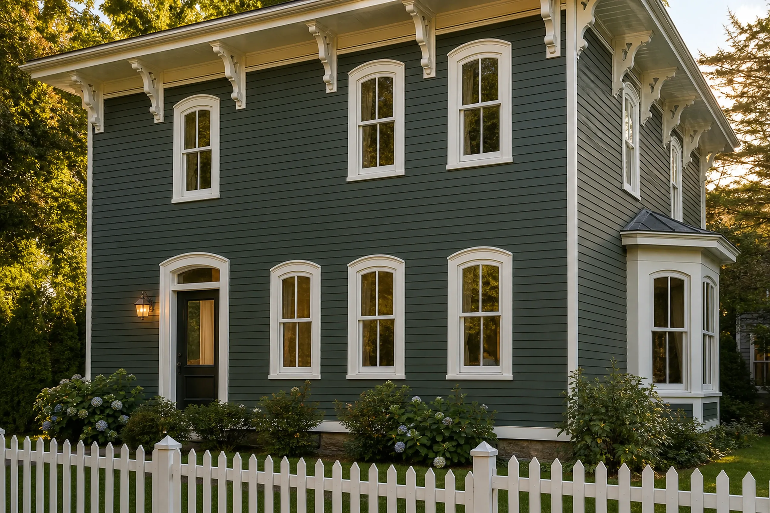 Window replacement in Rockport: dark green clapboard house with white scroll brackets, arched-top windows, a black door, a side bay window and a white picket fence