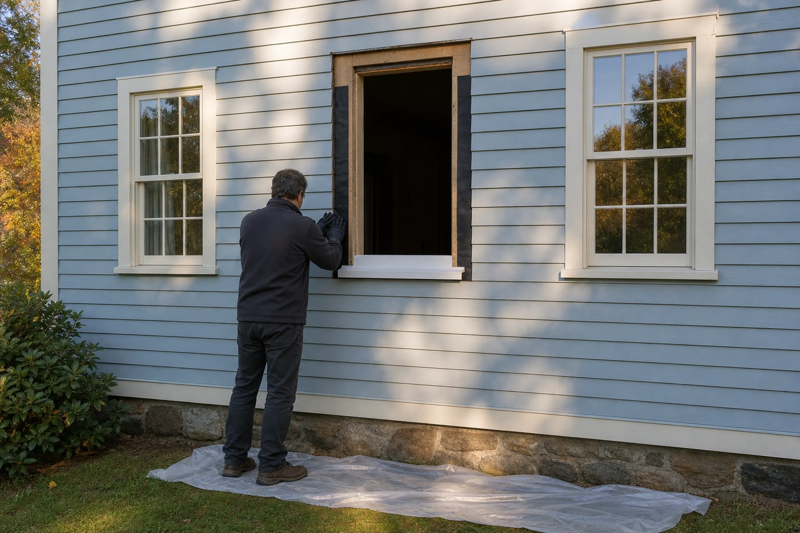 Window replacement in Rockport: A man in a dark sweater and gloves, seen from behind, working at an empty window opening edged in black tape, plastic sheeting below