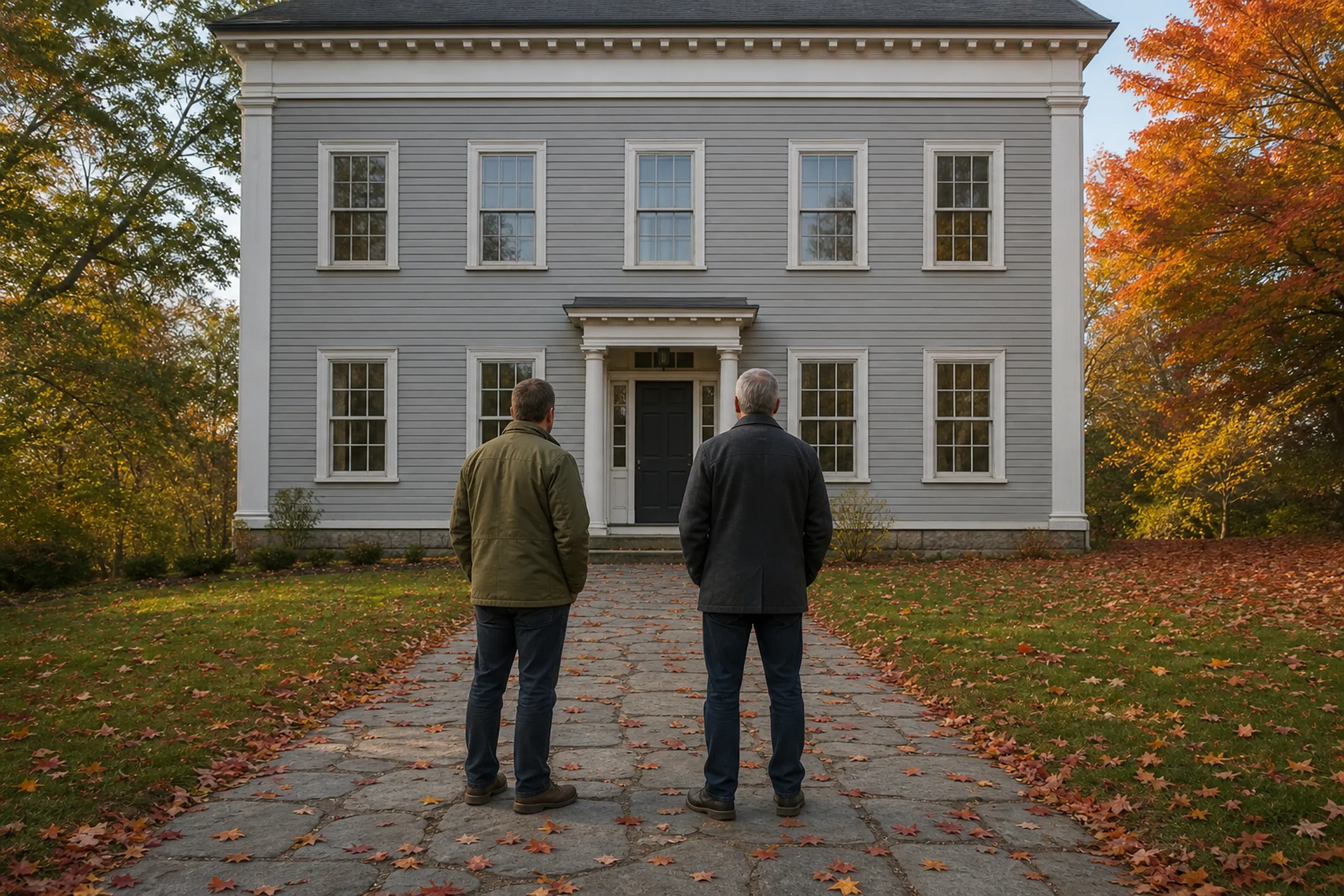 Window replacement in Rockport first visit: two people seen from behind on a leaf-strewn stone path, facing a gray clapboard house with a columned entry, among autumn maples