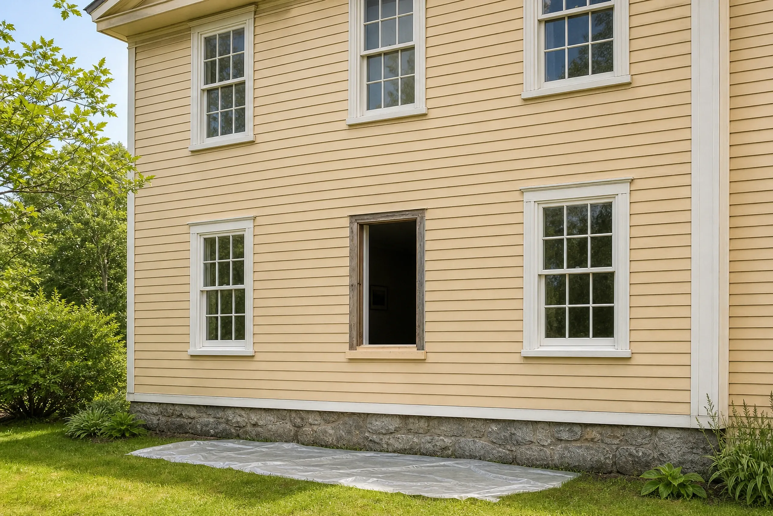 Window replacement in Rockport: yellow clapboard house with an empty window opening in weathered gray trim, a plastic sheet on the grass and multi-pane windows around it
