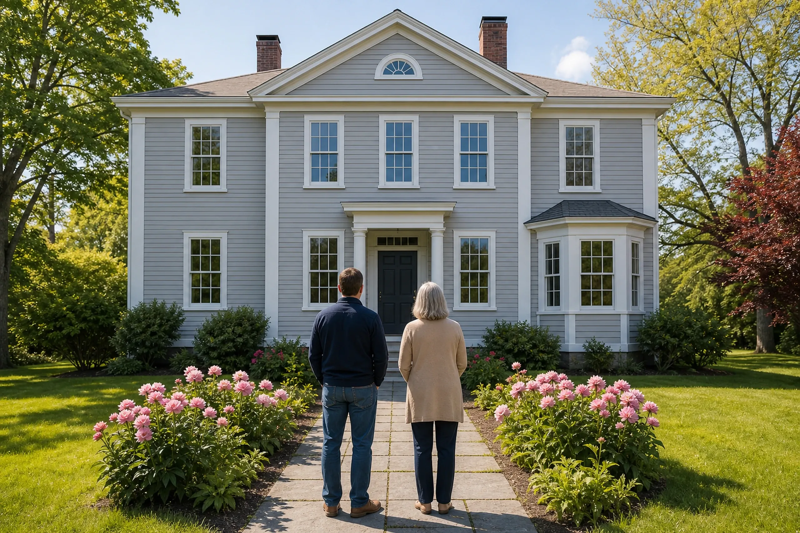 Window replacement in Rockport: two people in a navy jacket and a tan cardigan, seen from behind, facing a gray house with a bay window and pink flowers either side