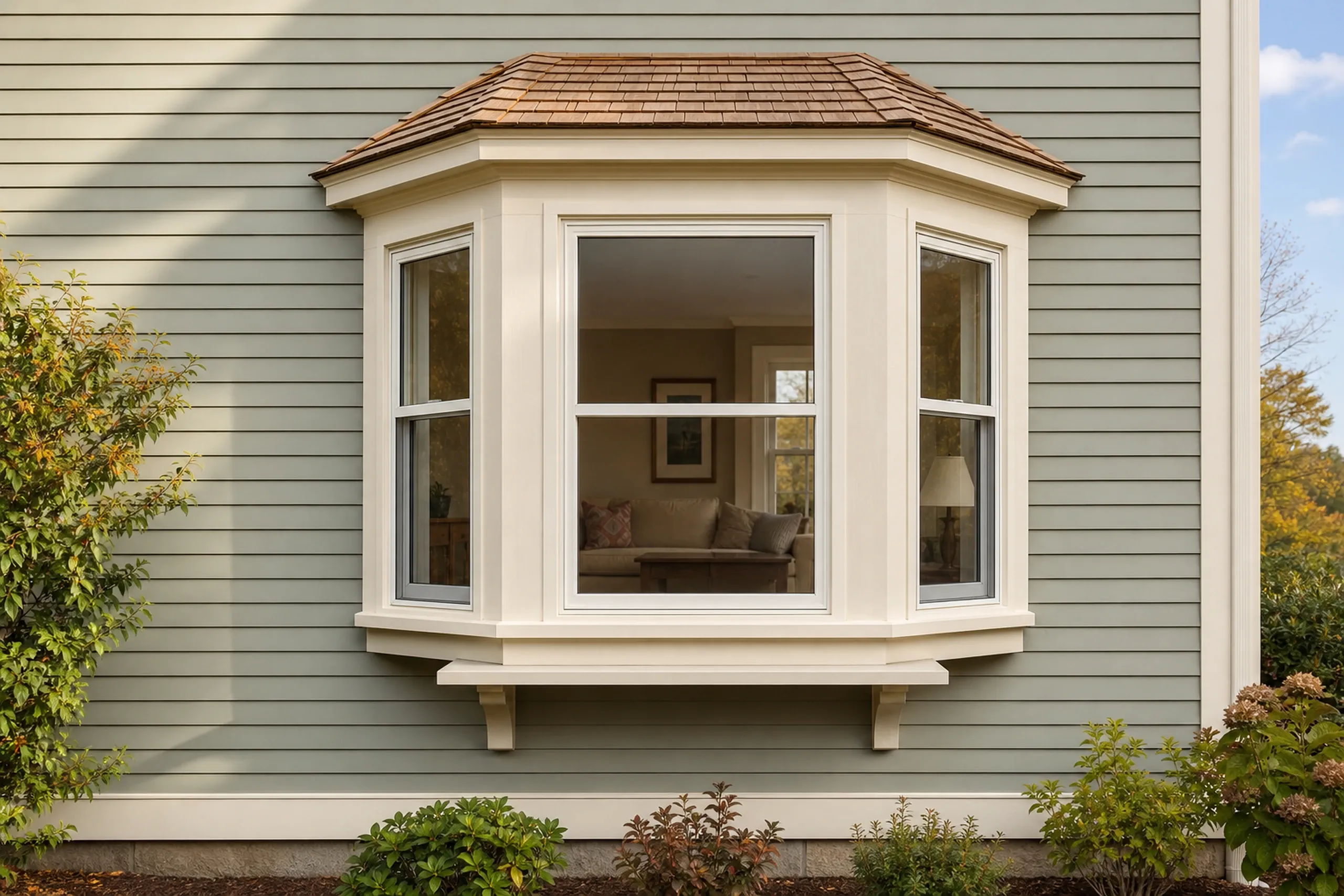 Window replacement in Rockport: cream-trimmed bay window with a brown shingled roof, a large center pane and narrow side windows, on sage green clapboards with shrubs