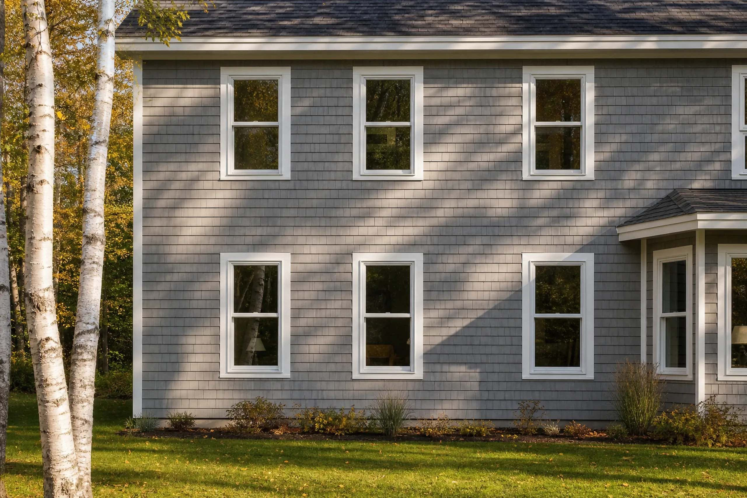 Window replacement in Rockport: gray shingle wall with white-framed one-over-one double-hung windows in two rows, a small bay at right, white birch trunks and a lawn