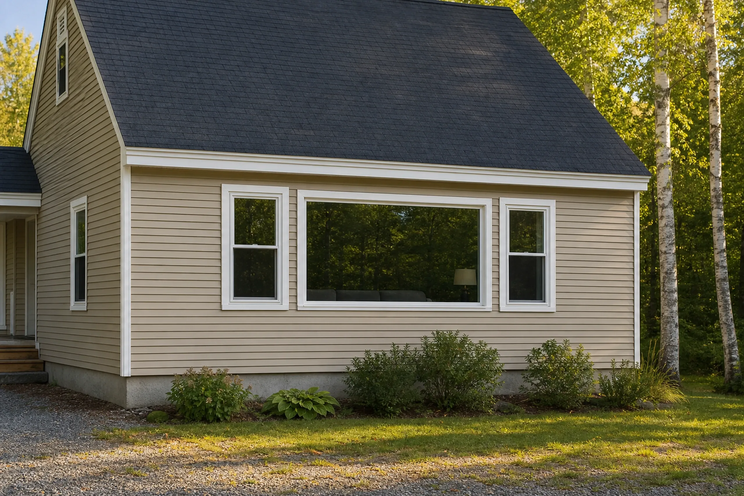 Window replacement in Searsmont: tan clapboard cape with a wide white-framed picture window between two one-over-one windows, a dark roof, birch trees and gravel