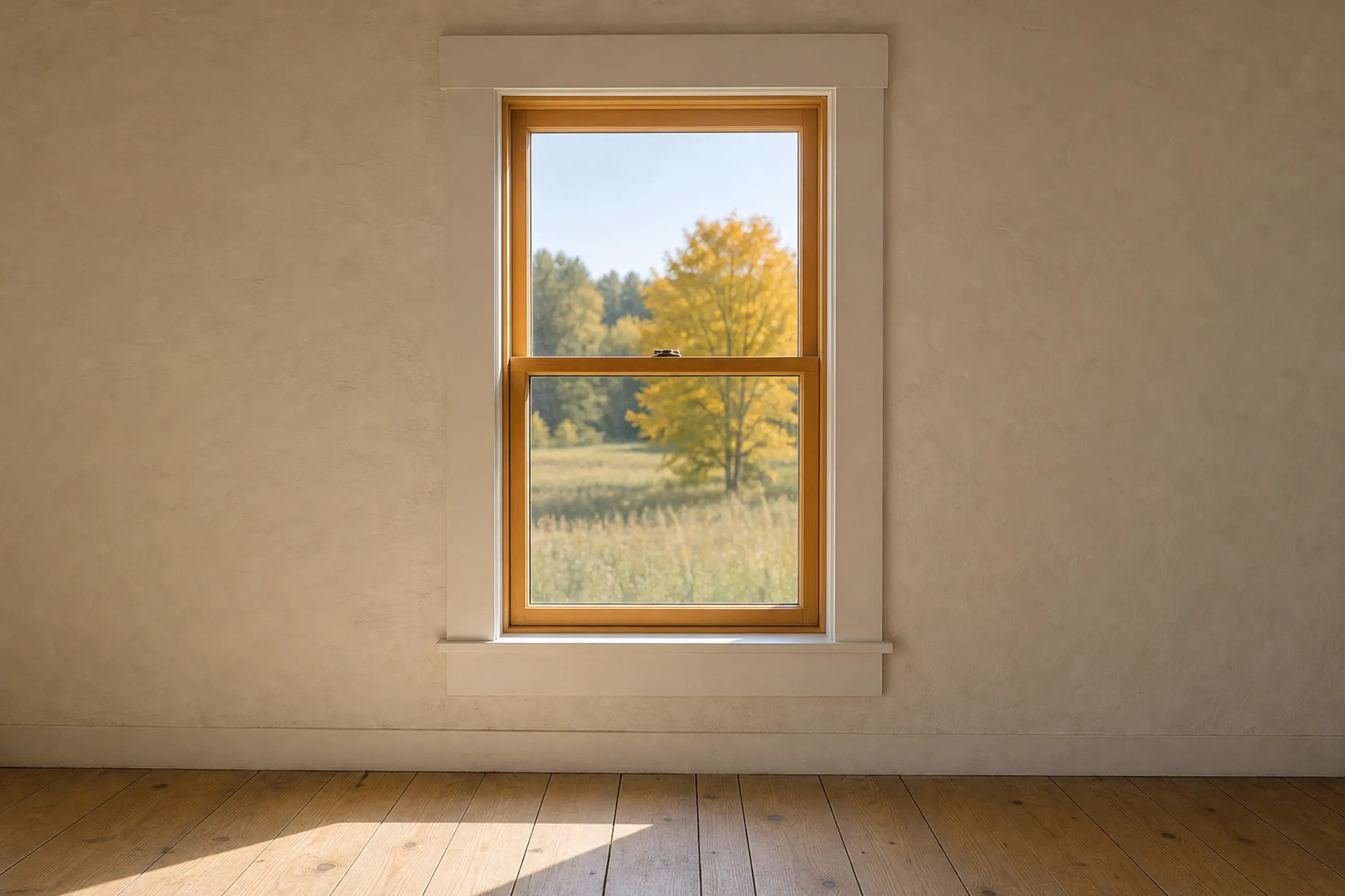 Window replacement in Searsmont: wood-framed double-hung window with white trim in a cream plaster wall above a plank floor, looking out on a field and a yellow-leaved tree