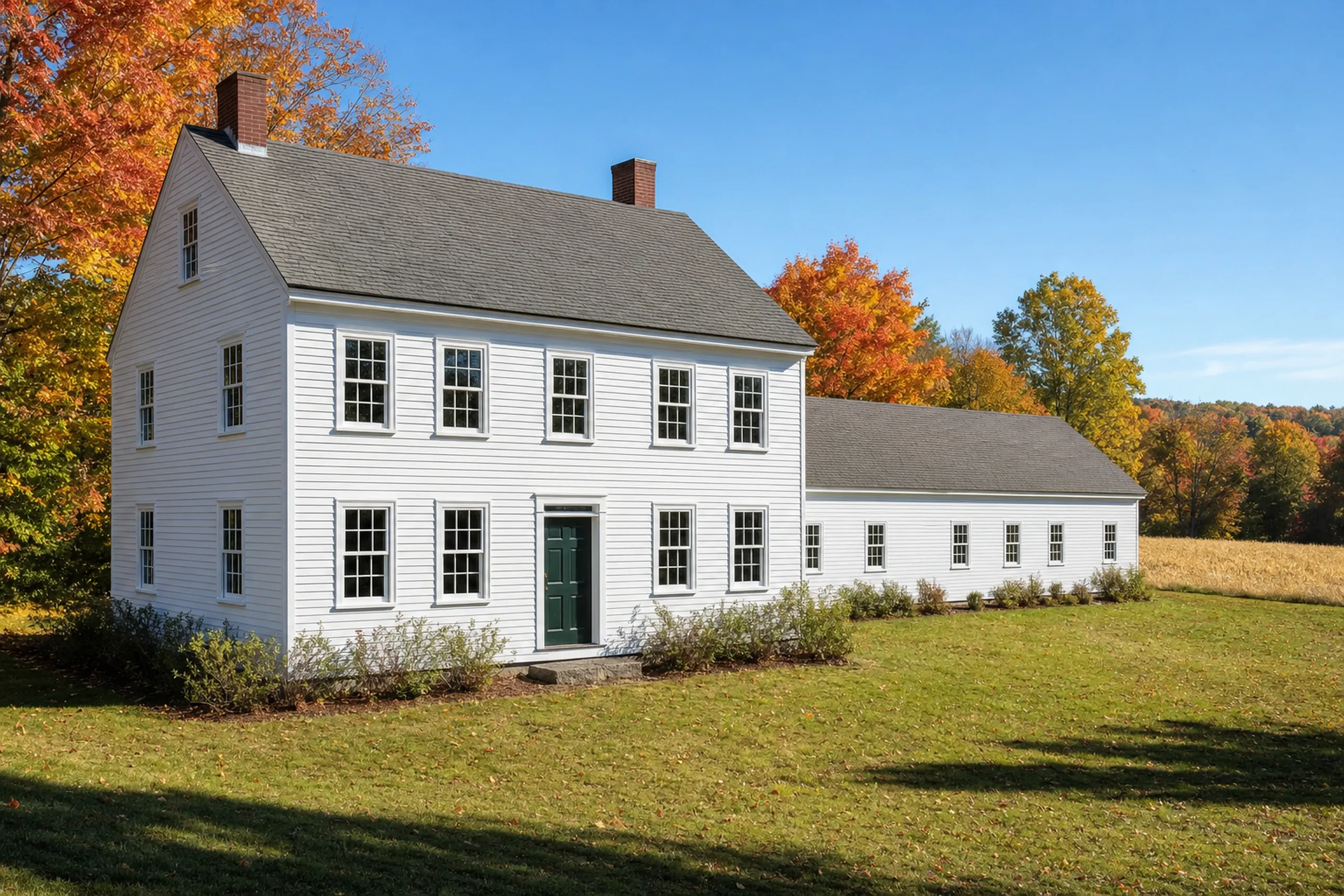 Window replacement in Searsmont, ME: white two-story colonial with a green door, two brick chimneys, divided-pane windows and a long low wing, beside a field with autumn trees