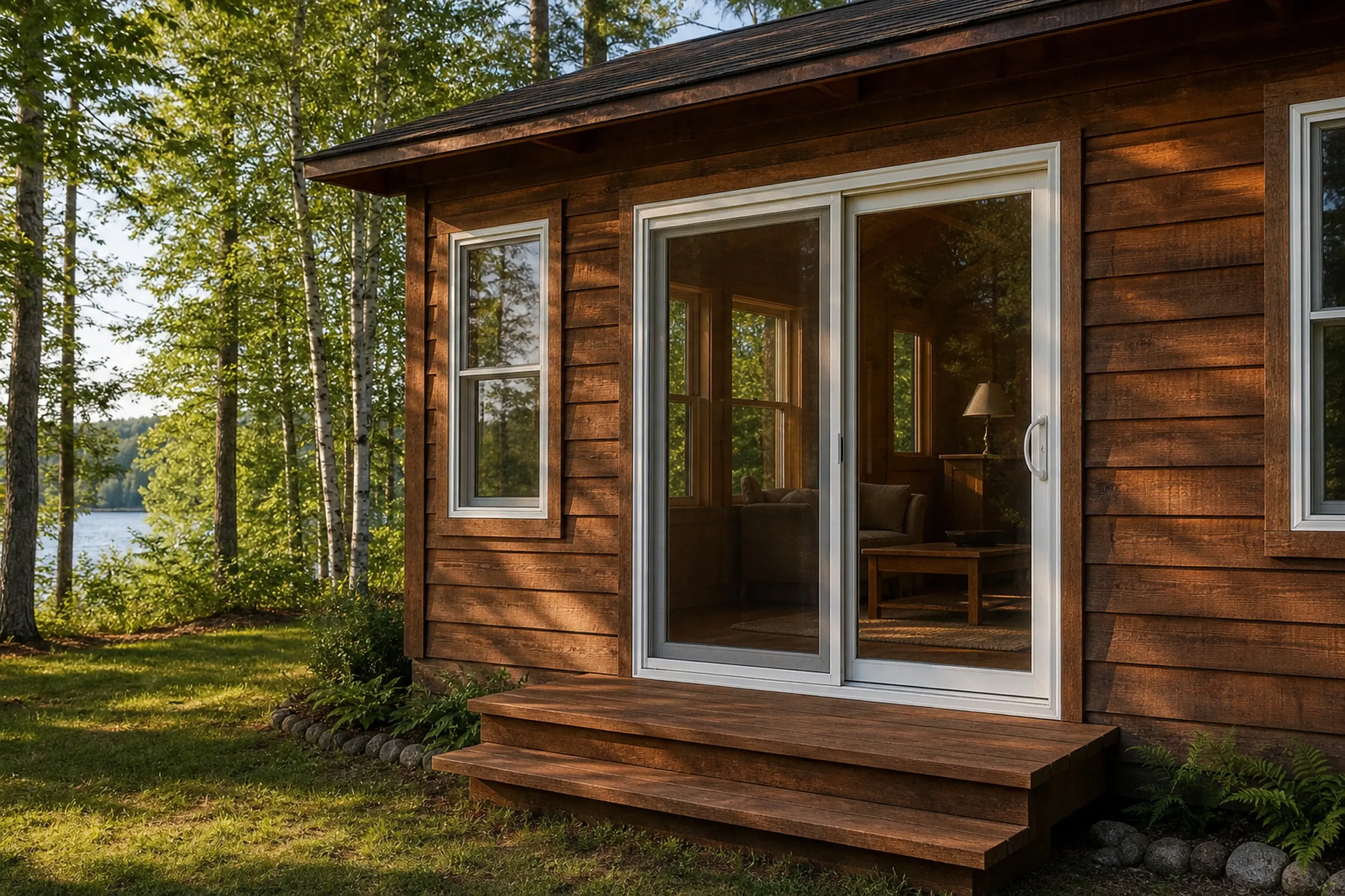 Window replacement in Searsmont: white-framed sliding glass door on a brown wood-sided cabin, with a wood step, a narrow double-hung window, birch trees and a lake