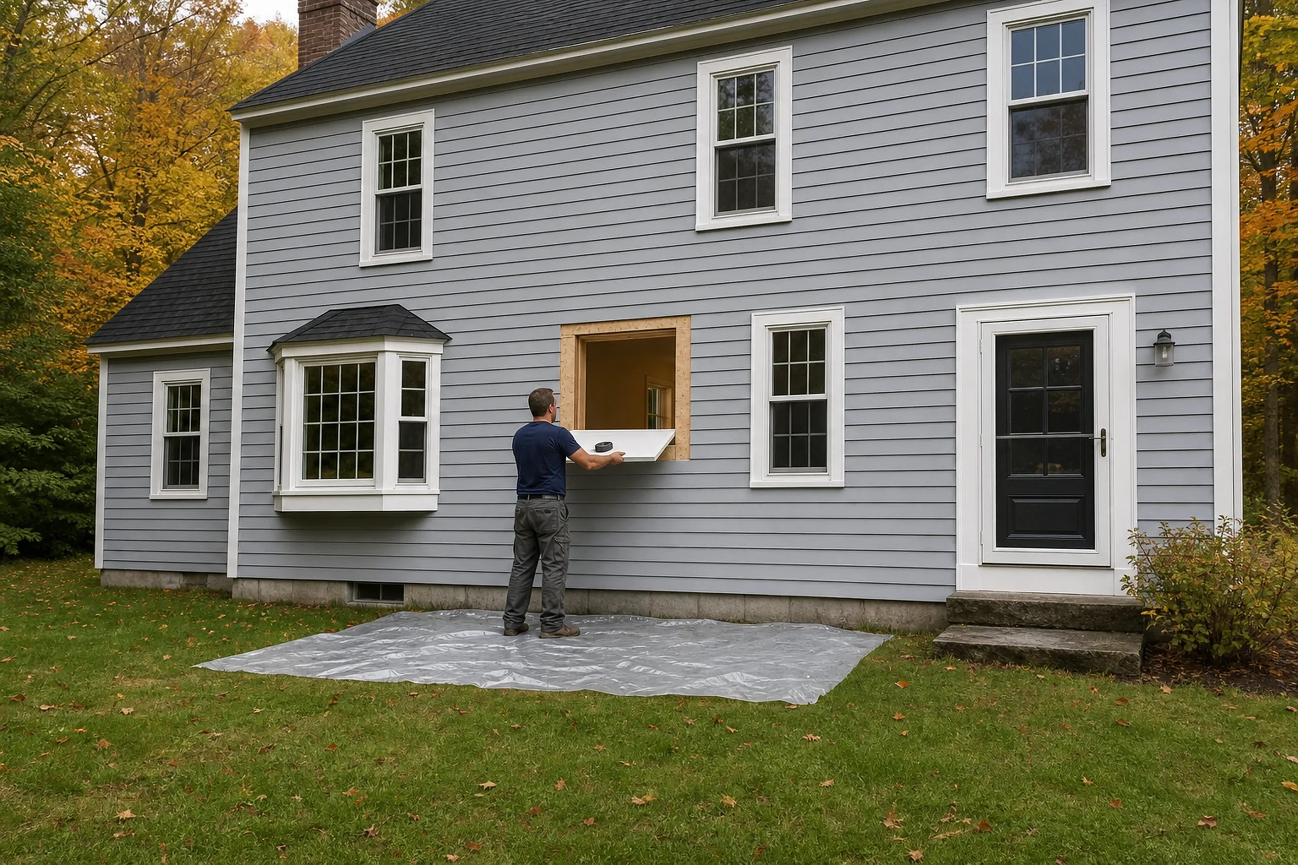 Window replacement in Searsmont: man in a navy shirt, seen from the side, holding a white sill pan at an empty window opening on gray clapboards, plastic sheeting below