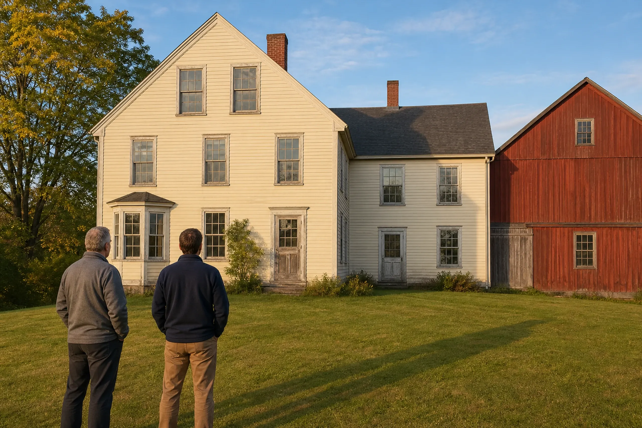 Window replacement in Searsmont first visit: two people in gray and navy tops, seen from behind, looking at a pale yellow farmhouse with a bay window and a red barn at right