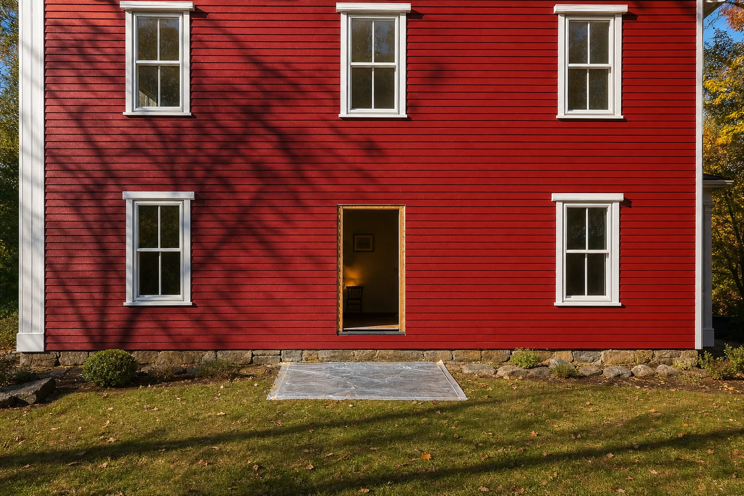 Window replacement in Searsmont in progress: red clapboard wall with four white-framed windows and one tall empty opening with raw wood edges, plastic sheeting on the grass below