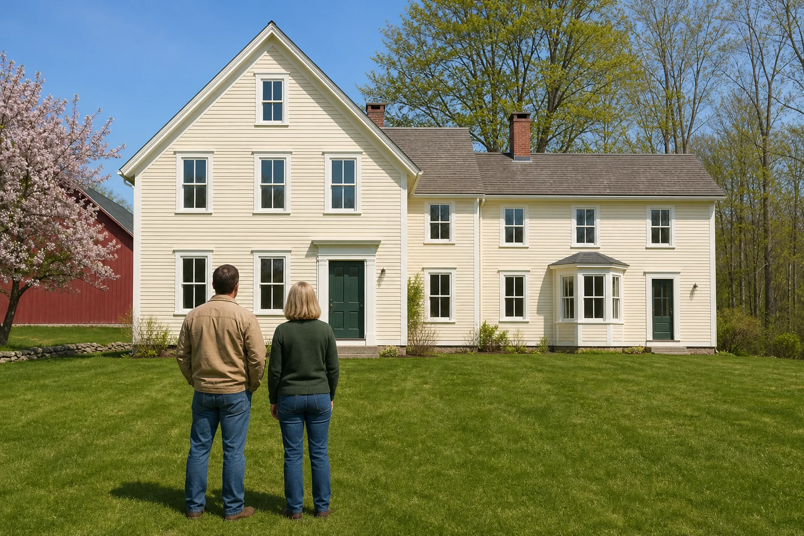 Window replacement in Searsmont final walkthrough: man and woman seen from behind facing a cream clapboard house with green doors and a bay window, a red barn and a flowering tree
