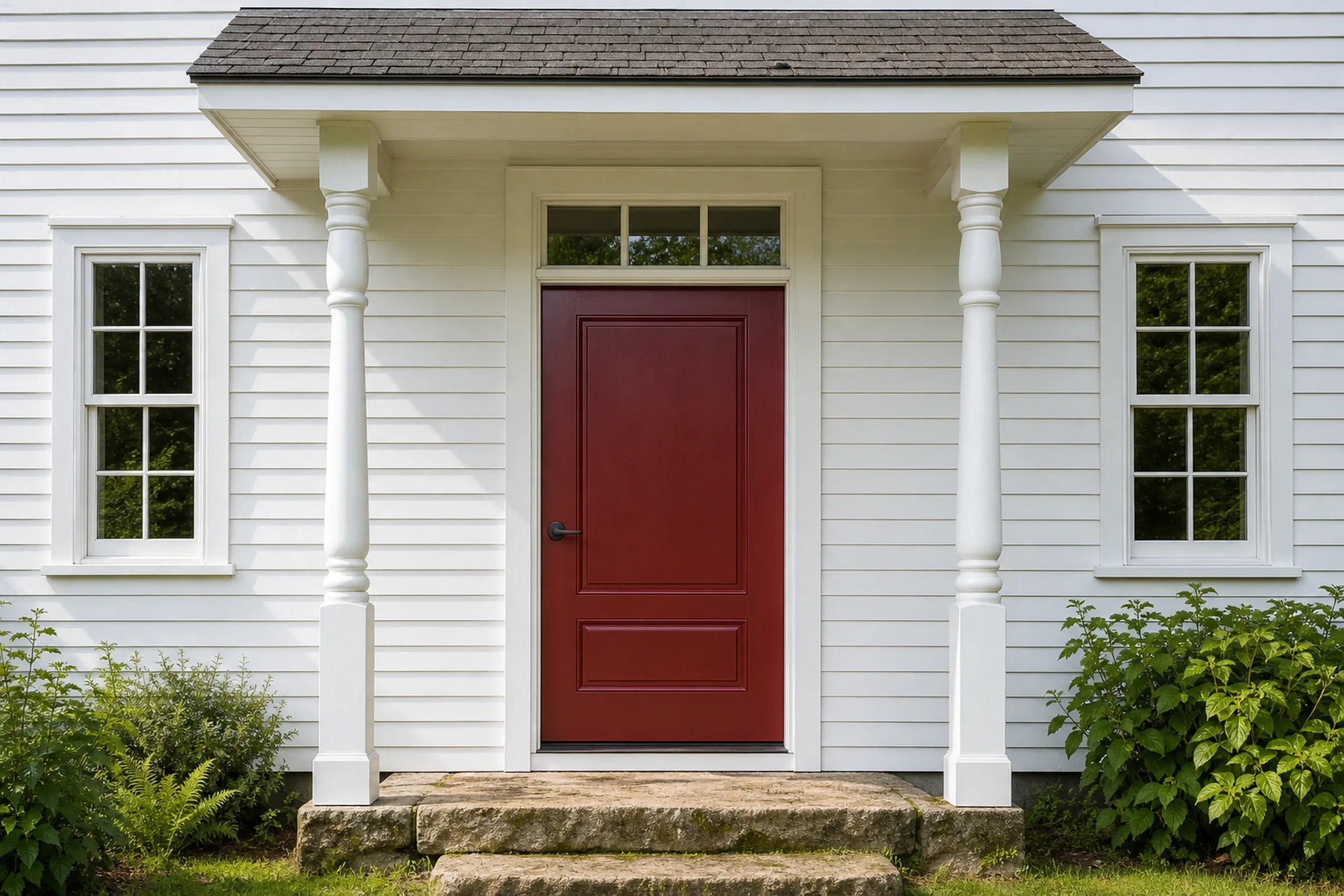 Window replacement in Searsmont: dark red paneled front door with a small glass transom, framed by two turned white posts and two white windows, above granite steps