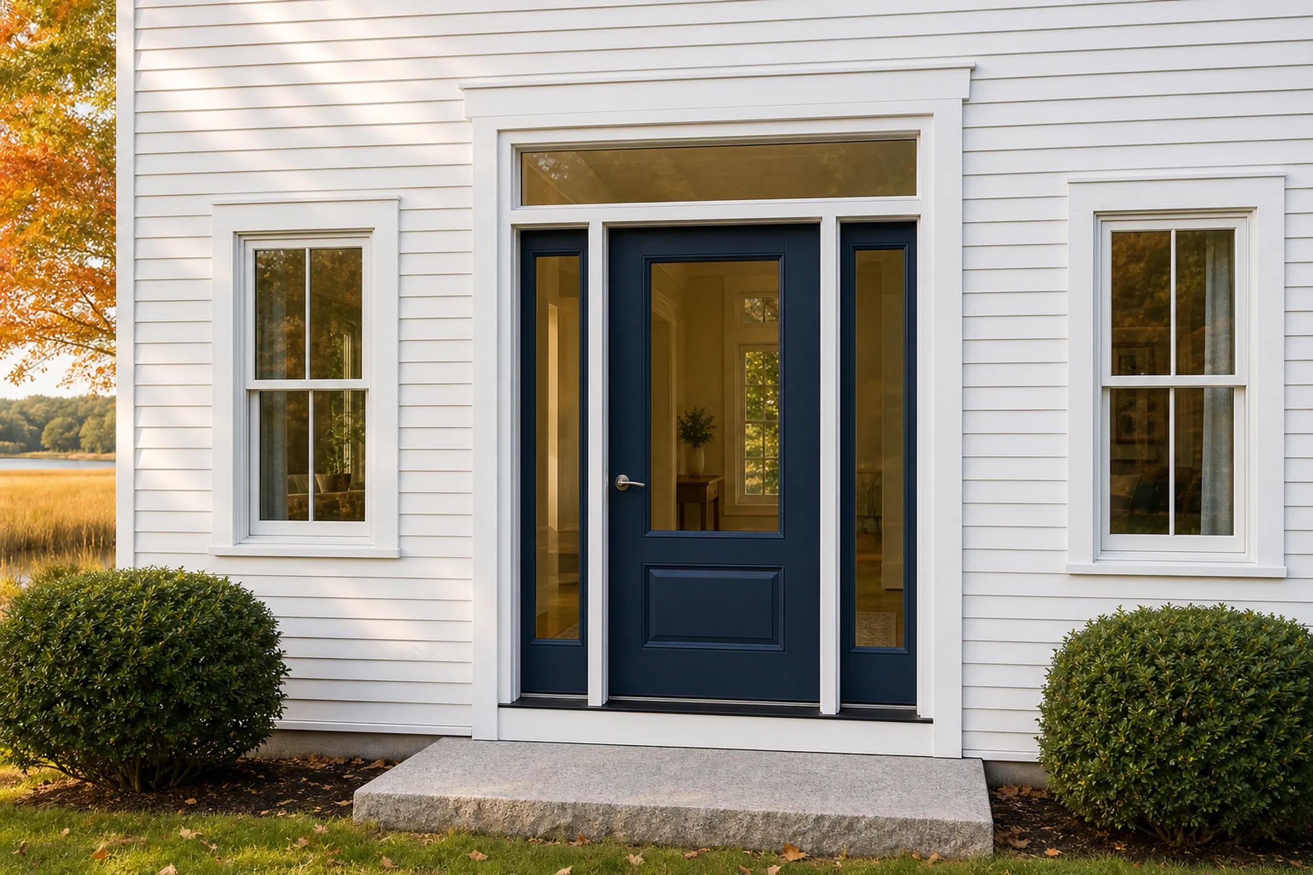 Window replacement in South Thomaston: navy blue front door with a glass panel, two narrow sidelights and a transom in white trim on white clapboards, with a granite step